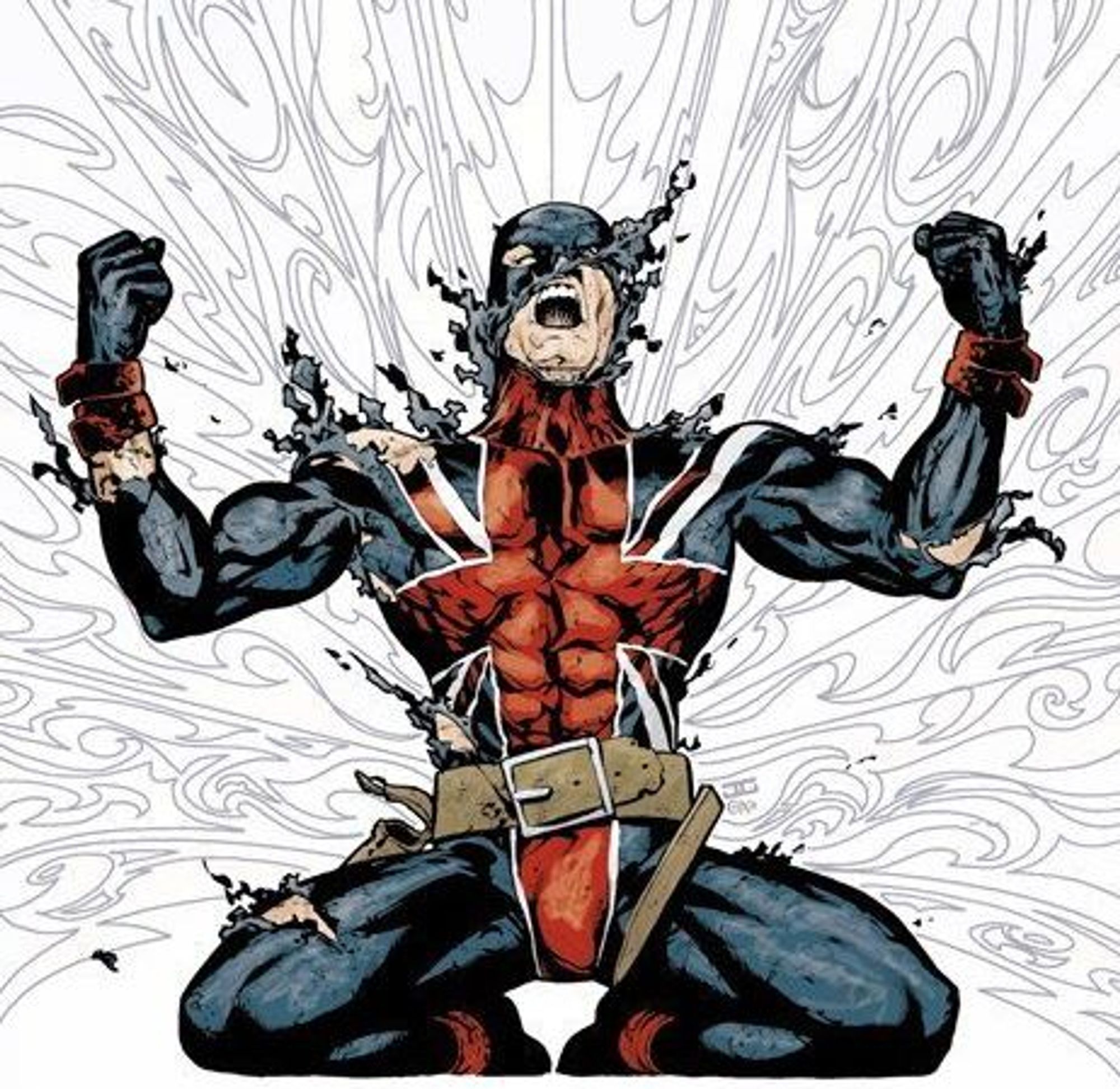 The image depicts a superhero in a dynamic pose, his body contorted in a powerful display of strength and determination. He is clad in a red, white, and blue costume, with a Union Jack symbol emblazoned across his chest, signifying his patriotic allegiance. The superhero's face is obscured by a mask, leaving only his determined eyes visible. The background is a swirling vortex of white and gray, creating a sense of motion and energy. His ripped costume and the swirling background suggest a fierce battle, perhaps a moment of triumph or a desperate struggle. The overall image conveys a sense of power, resilience, and unwavering courage.