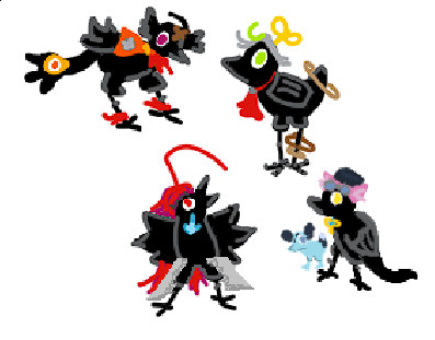 Crow doodles accessorised after the members of Hololive Justice: Gigi Murin, Cecilia Immergreen, Elizabeth Rose Bloodflame and Raora Panthera (who has a Chattino-crow)