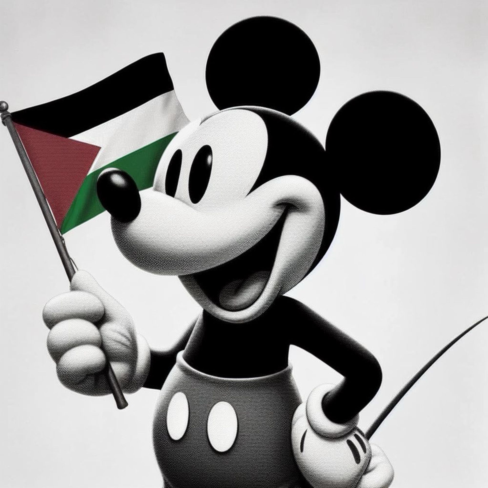 AI generated image of Mickey Mouse waving a Palestinian fly