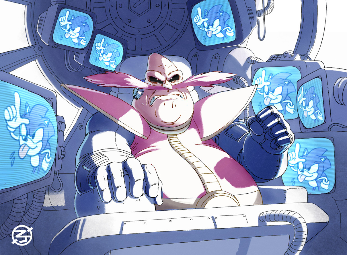 Dr. Robotnik as seen in Sonic the Hedgehog Satam being taunted by Sonic over his monitoring system.