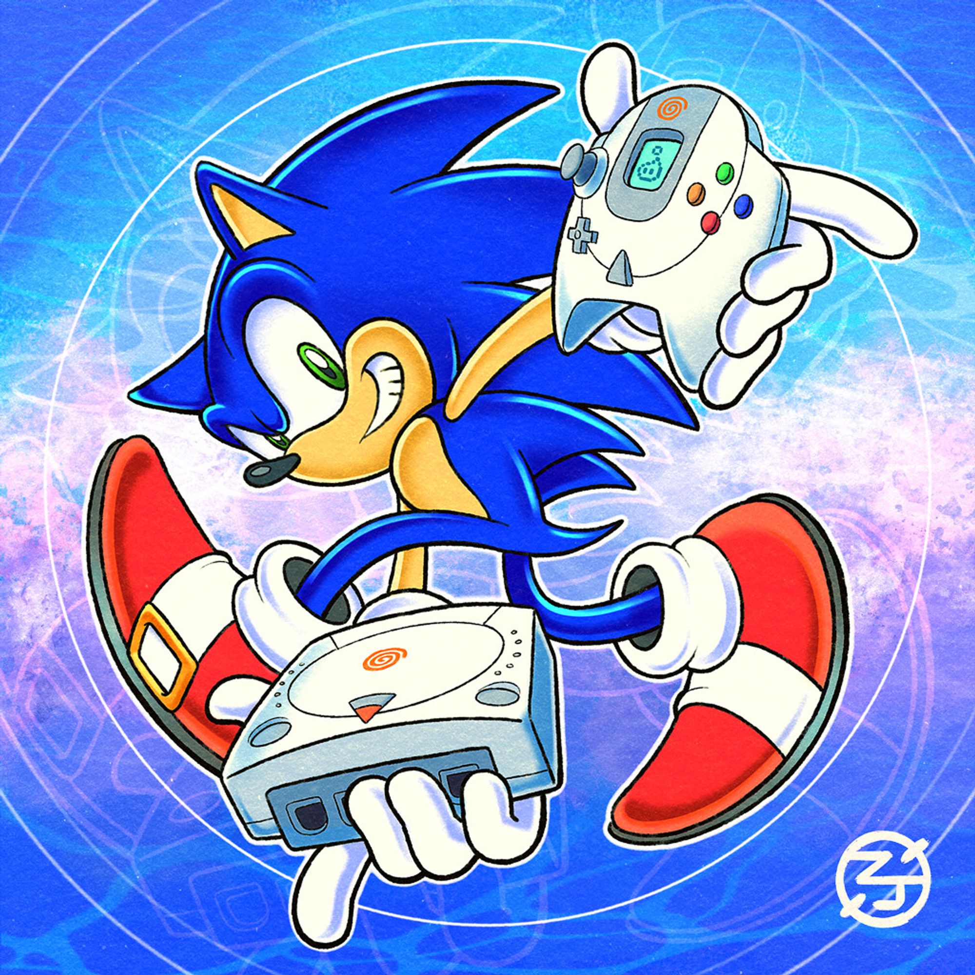 A piece celebrating Sonic Adventure's 25th anniversary. Sonic is depicted as he appears on the cover of the game, while holding a Dreamcast and a controller.