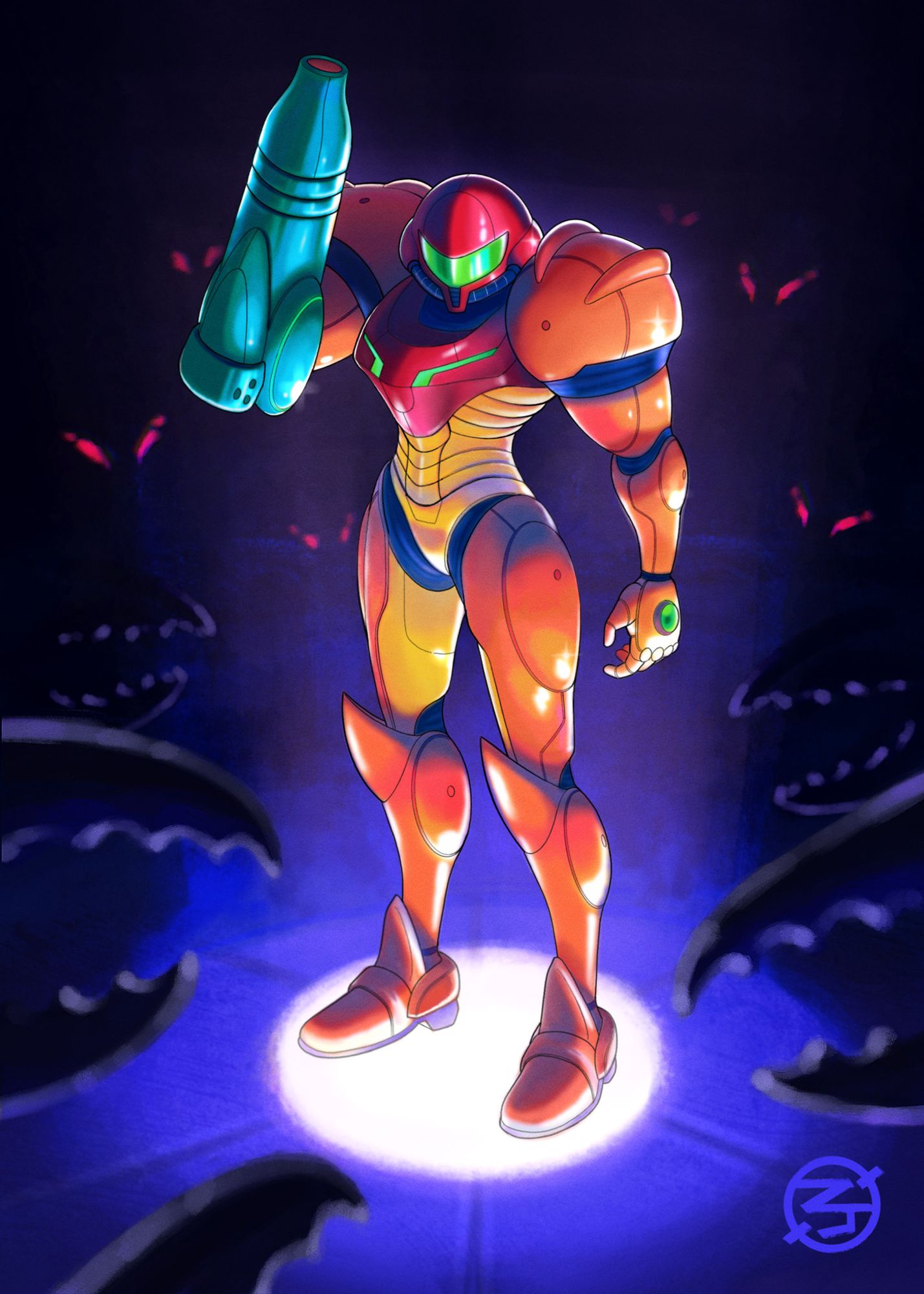 Samus Aran in the depths of planet Zebes surrounded by space pirates lurking in the shadows.