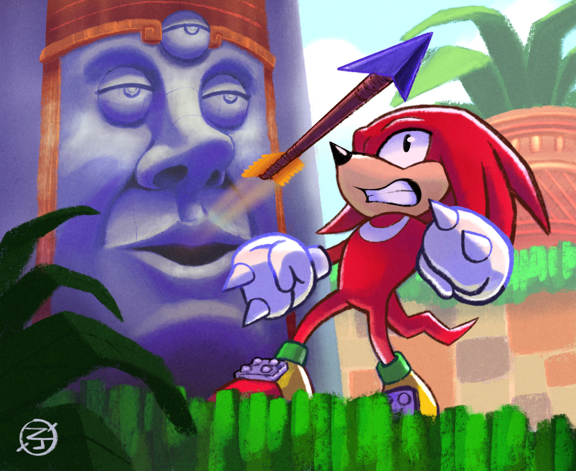 Knuckles narrowly dodging an arrow from an ancient trap in Marble Garden Zone.