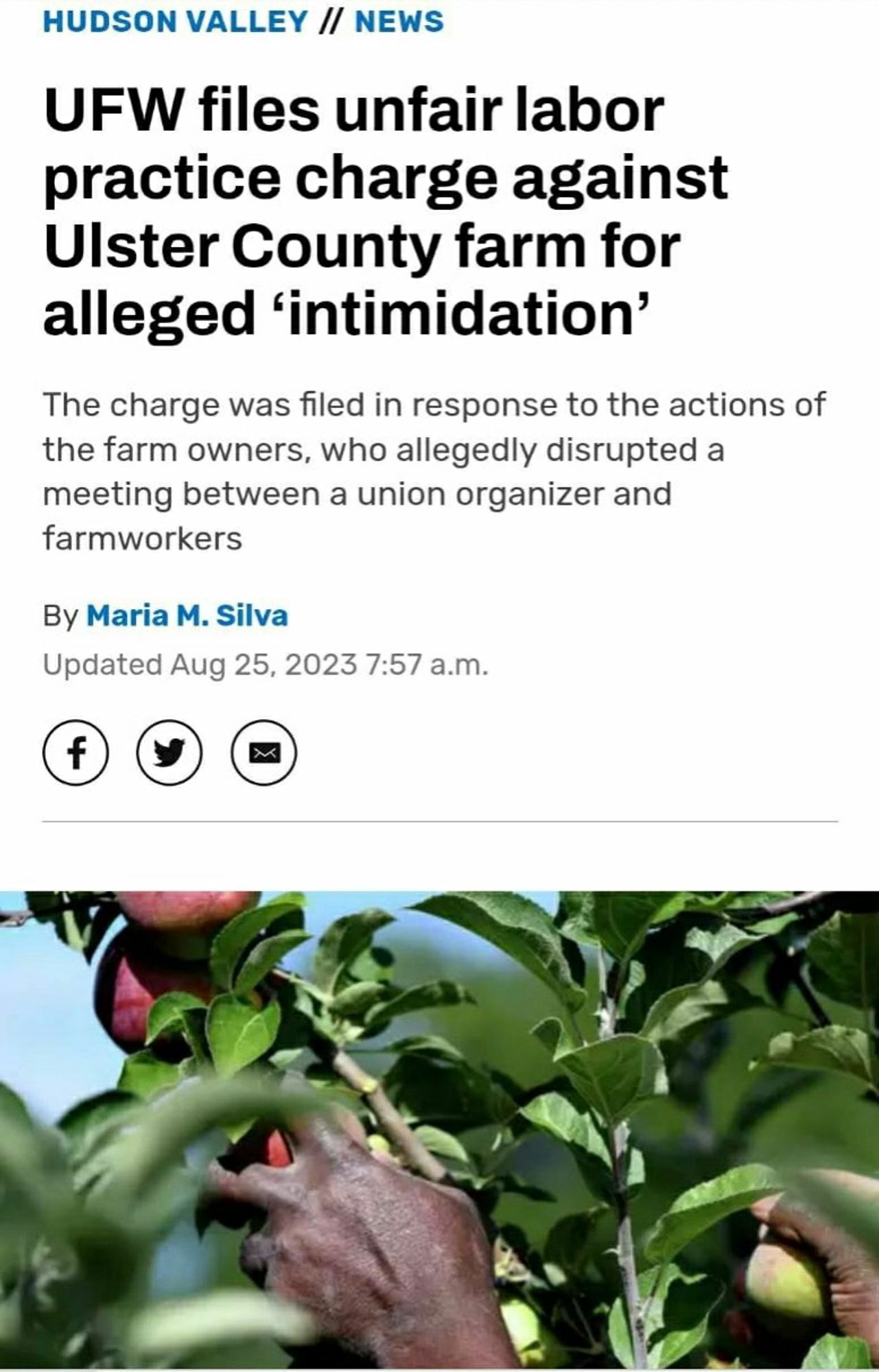 UFW files unfair labor practice charge against Ulster County farm for alleged 'intimidation'
The charge was filed in response to the actions of the farm owners, who allegedly disrupted a meeting between a union organizer and farmworkers