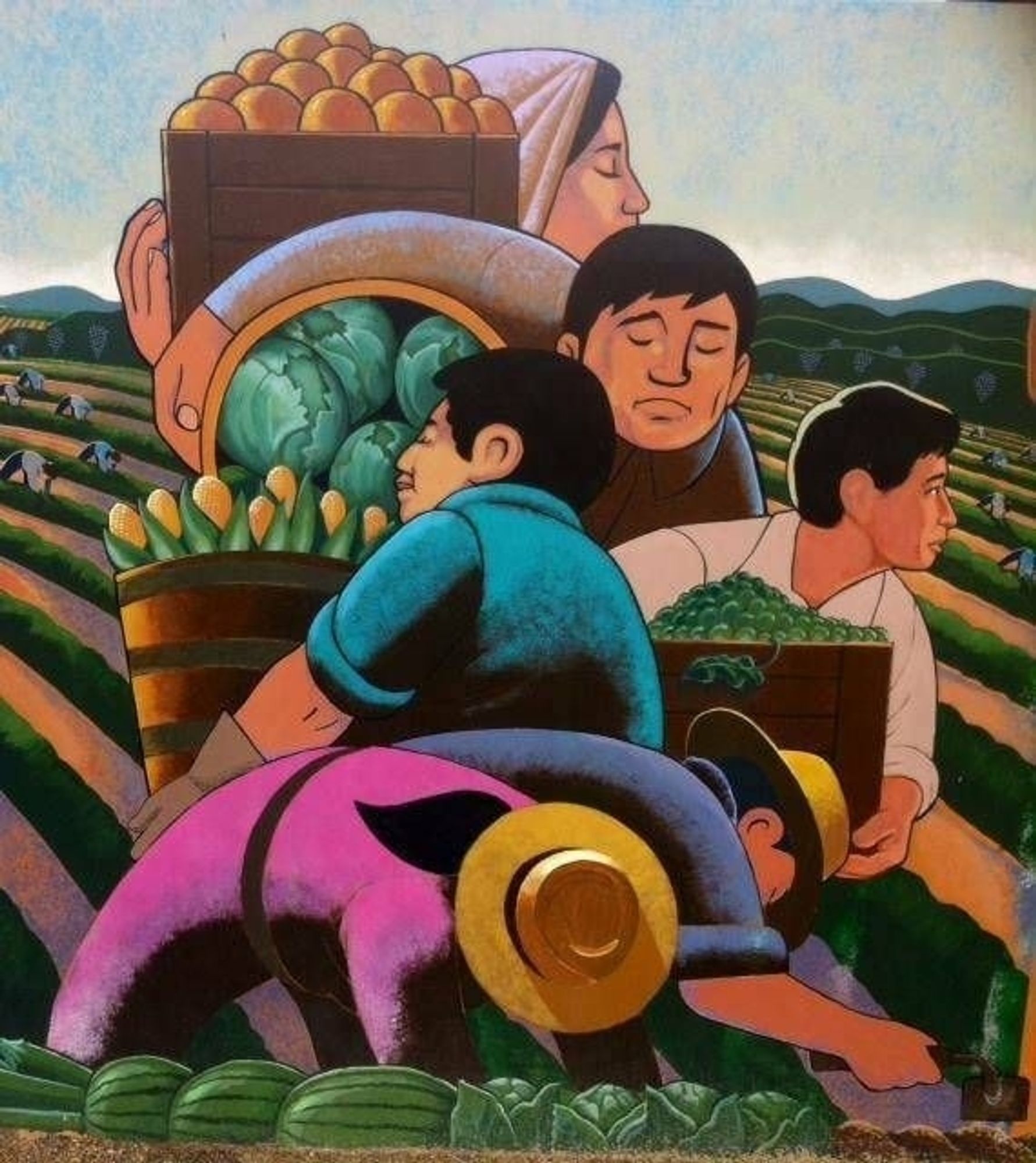 A beautiful piece of art of farm workers harvesting the crop by artist Ignacio Gomez