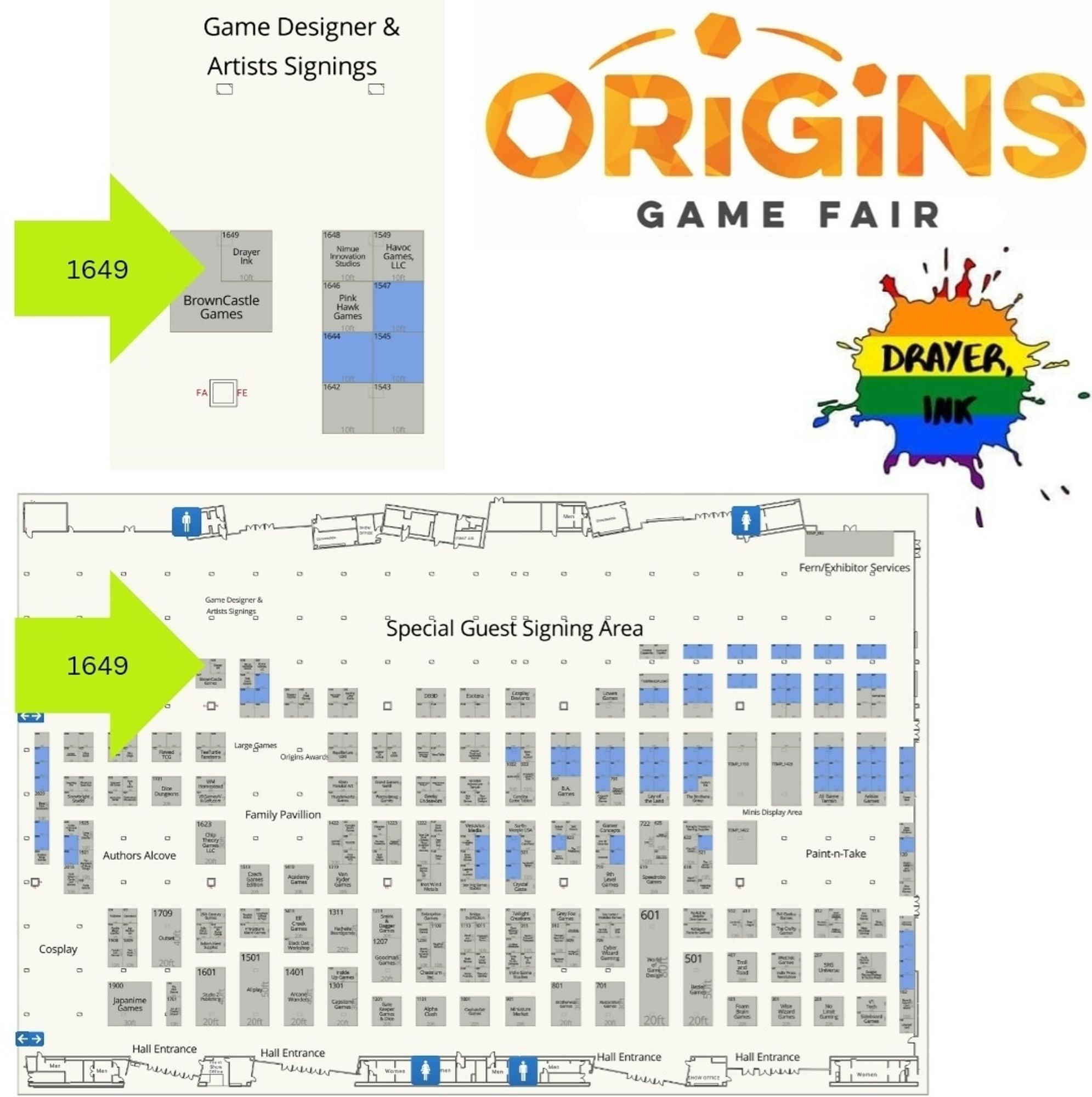 A map of the Origins Game Fair exhibitor hall showing the location of booth 1649 with a large green arrow and an inset of the same location but larger