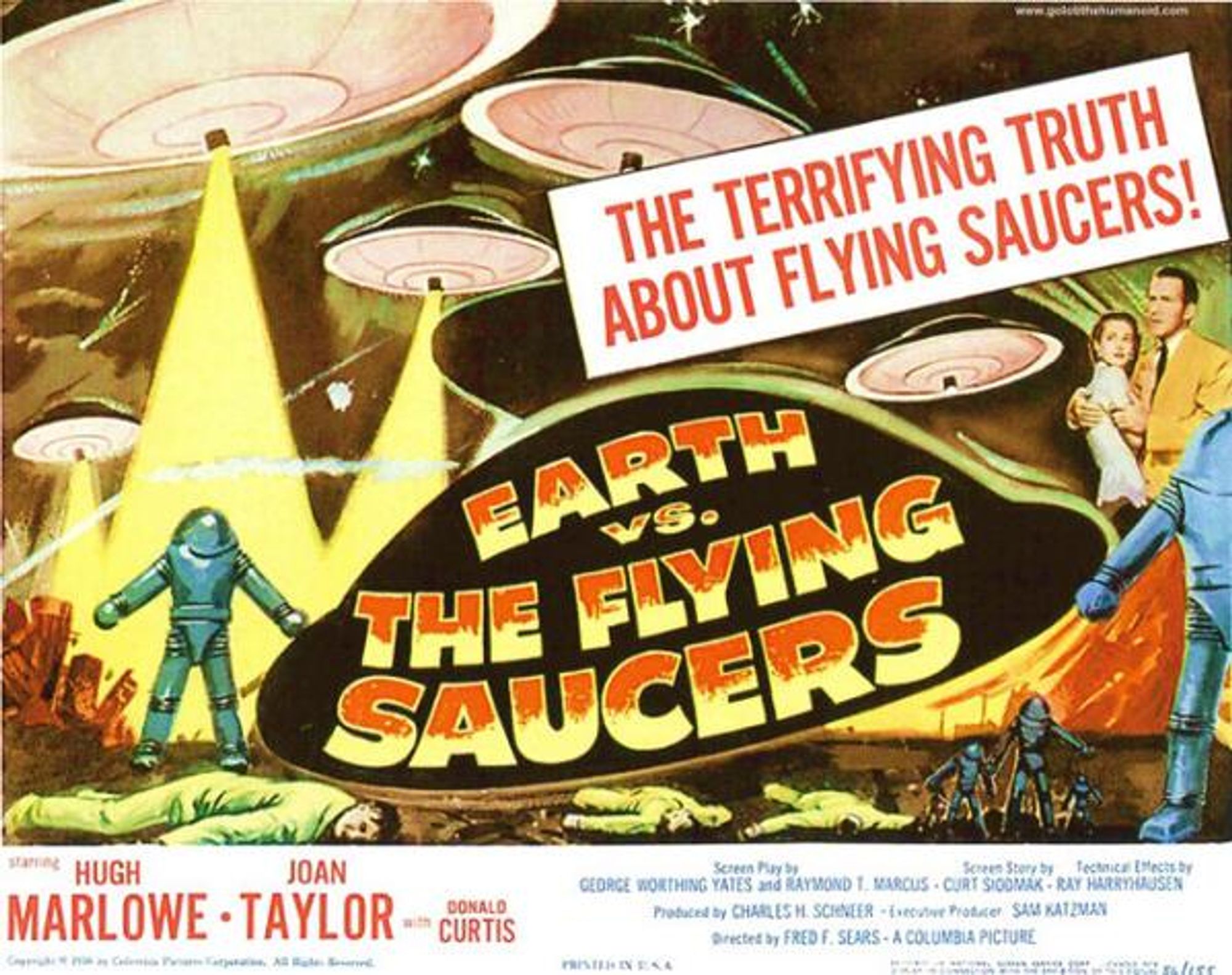 Poster for Earth Vs The Flying Saucers with the tagline "The terrifying truth about flying saucers!".