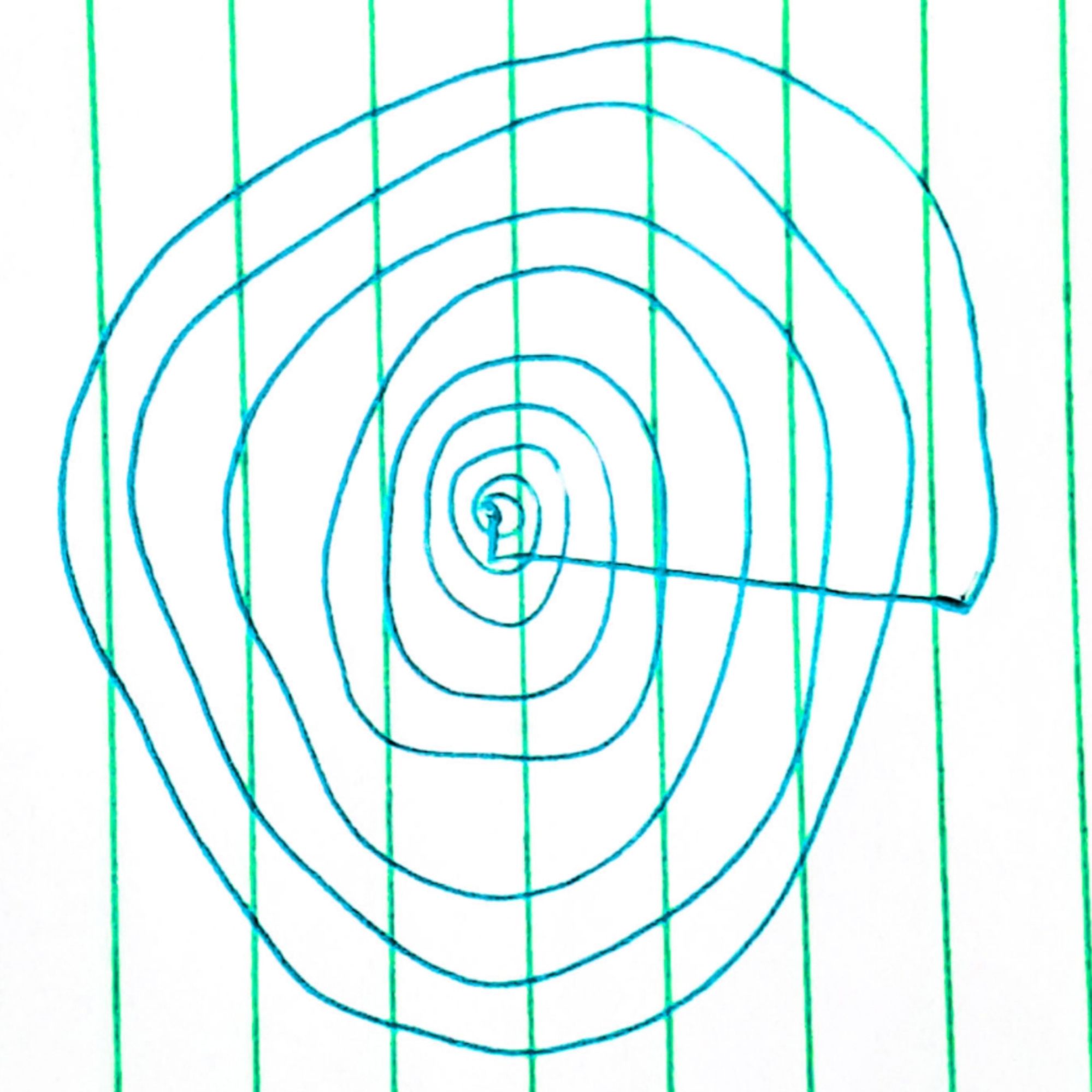 A cyan-blue spiral over a bright-green-lined notebook sheet.