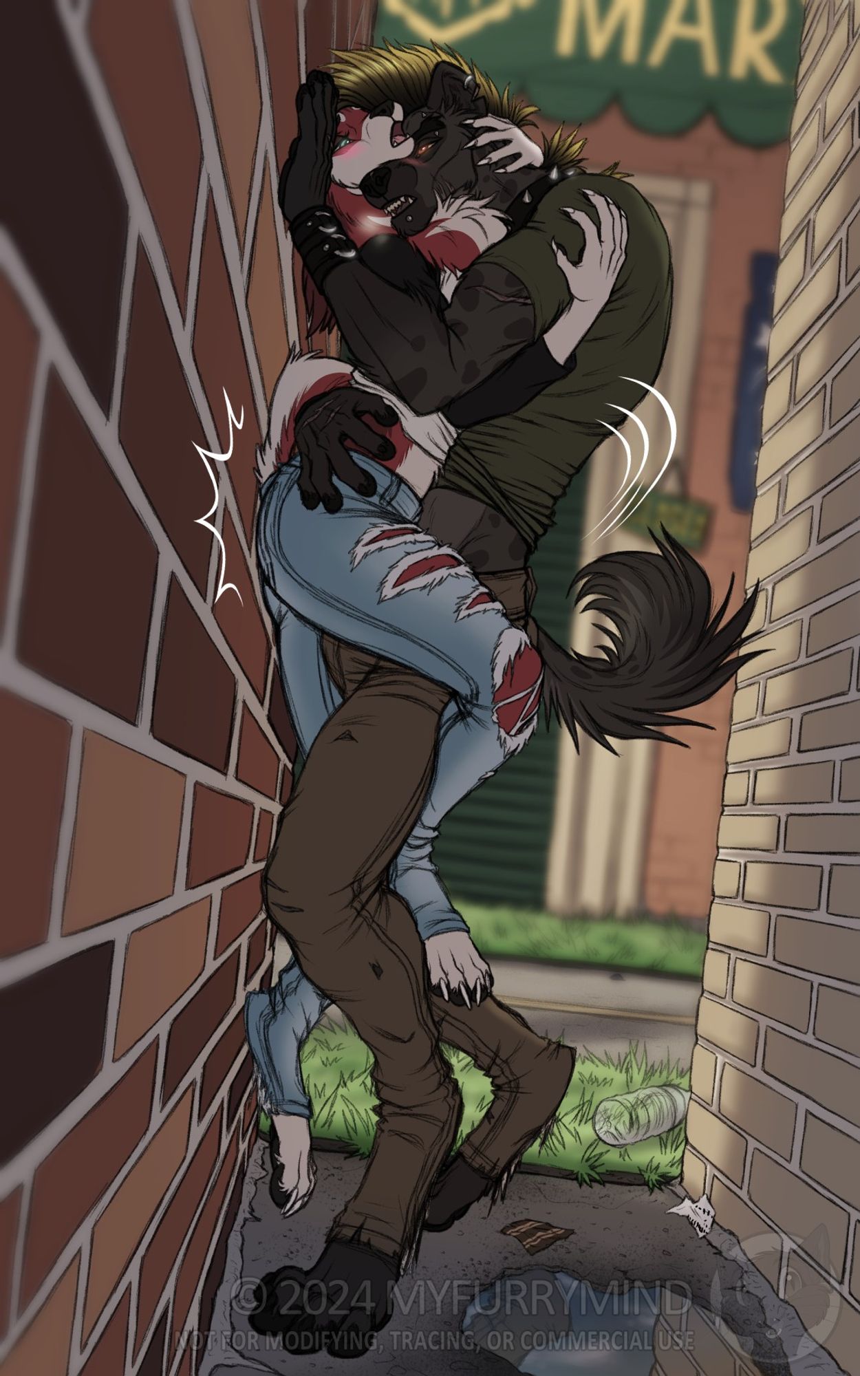 A spotted hyena, named Zeke, holding up the husky, named Ruby, against a brick wall.