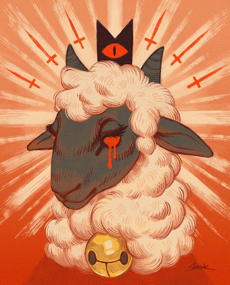 A textured portrait of the lamb from the video game Cult of the Lamb. The lamb is pictured with a small dark crown with a red eye motif on it. There is a golden bell peeking out from the lamb's thick mantle of wool. An array of symbols radiates from the lamb, which could be interpreted as swords or upside-down crosses. The lamb's eyes are red and one appears to be dripping. The quote "Wouldst thou like to live deliciously?" is from the movie The Witch.