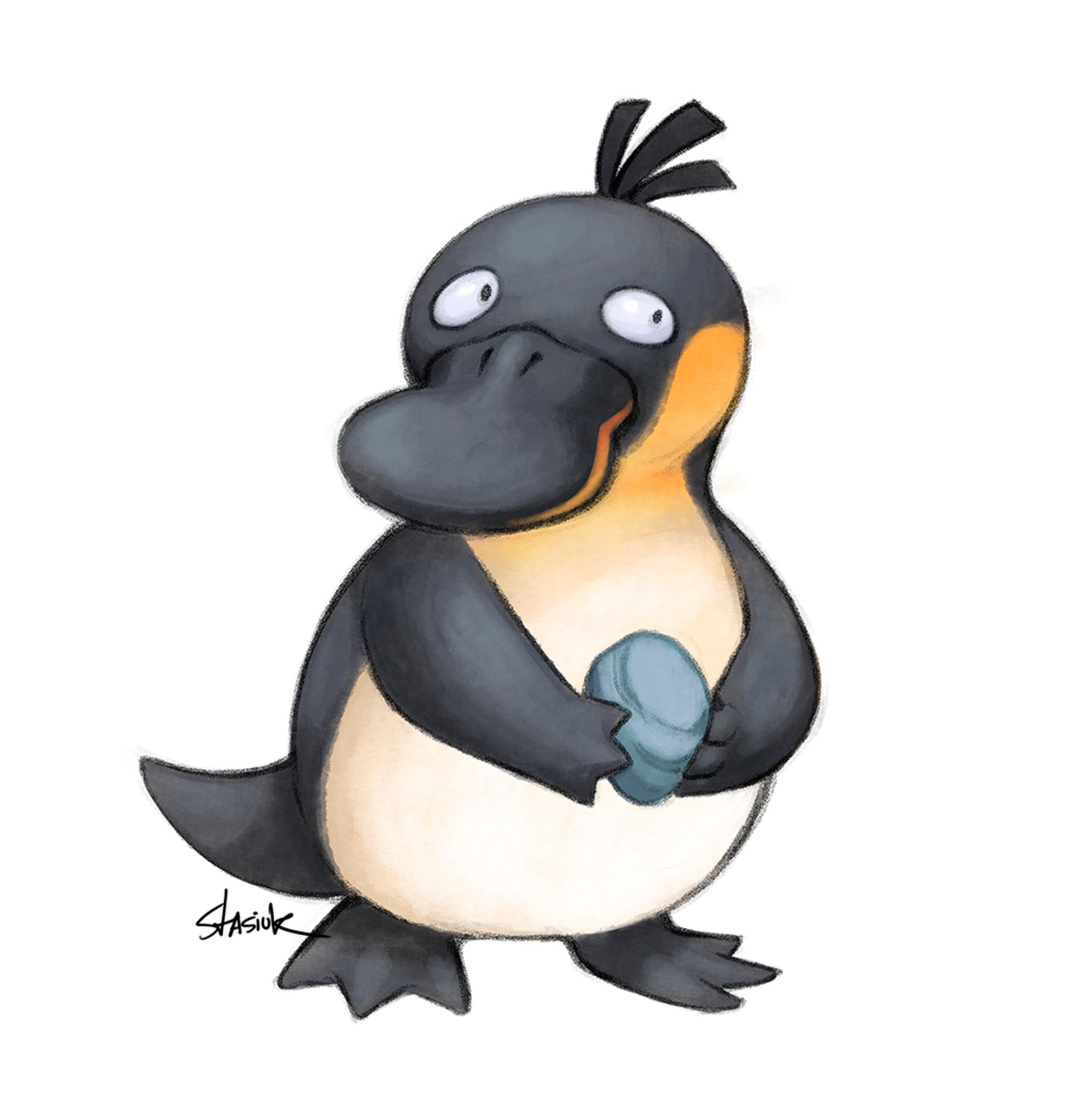 A drawing of the Pokemon Psyduck against a white background. Psyduck's colours have been changed to resemble an emperor penguin. The Psyduck is holding a grey pebble in its hands.