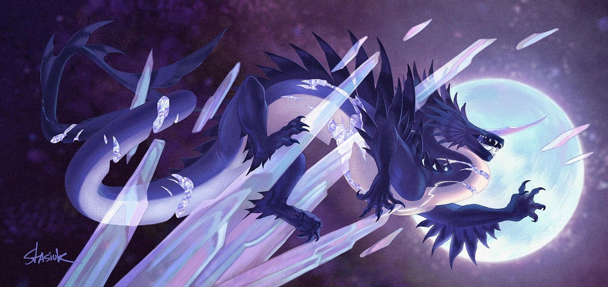 This illustration features Lavi, a dragon OC that belongs to Apex/Arukanoda. A long wyrm-like dragon is sprawled across the canvas in an anguished position. Large crystal spires erupt from the bottom of the frame, piercing through a gaping hole in her chest. Her wounds are crystalized, and resemble that of a geode. She cries out with a pained expression, one hand outstretched and silhouetted against an indifferent moon.