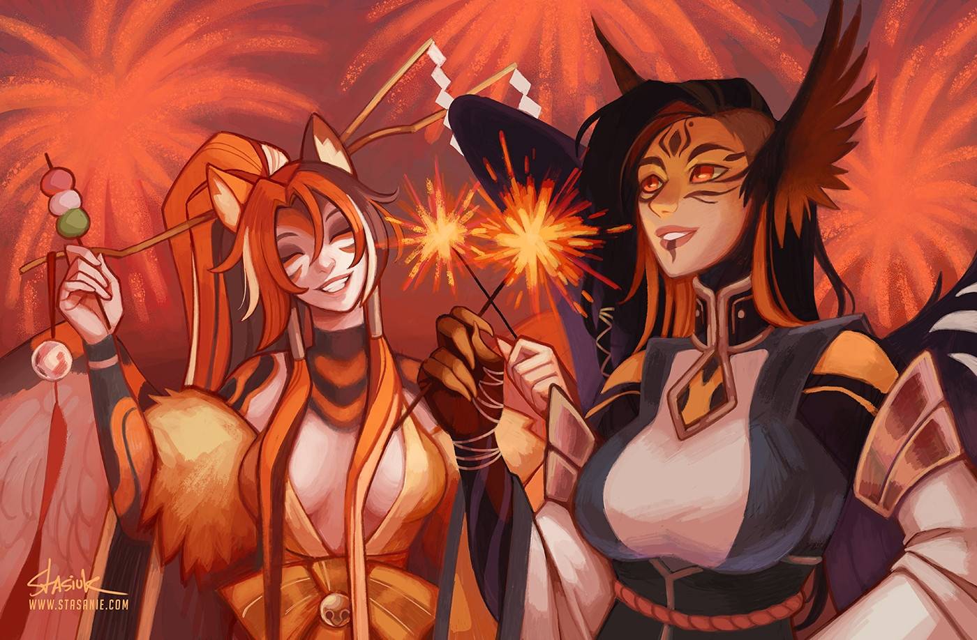 This artwork was created for Chips fissionchips.bsky.social‬ and features the OCs Cadence (who belongs to me) and Yuaha (who belongs to Chips).
Cadence and Yuaha are fennkind, a closed species created by Nise Loftsteinn
Two winged women are standing holding sparklers as the warm glow of fireworks lights up the sky behind them. The woman in the back has calico cat markings and is holding tri-coloured dango in one hand. She has her long hair styled in a side ponytail and it is decorated with hair pins and a glass wind chime. The woman in the foreground is dressed in high contrast clothing with a high collar and armored cuffs on her arms. She has tiger-like markings on her face and feathered ears. Her long dark hair is shaved on the side.