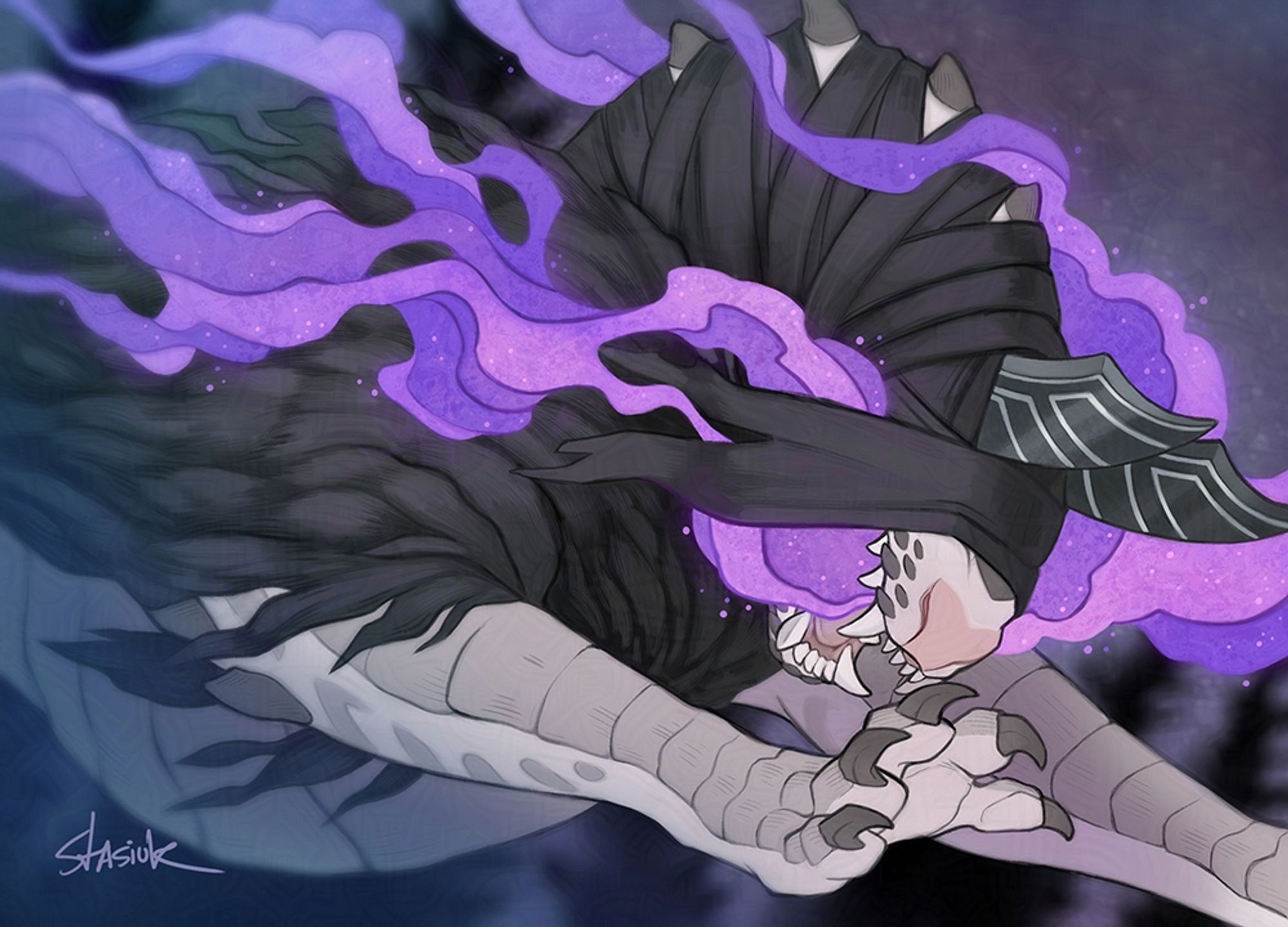 This illustration features the OC Hamouring who belongs to IcarusDragons. A pale dragon with a broad nose forearms covered in thick scales bound forward. The dragon’s identity is shrouded by a disguise composed of a dark pelt and black swaths of fabric tied around his body. The scene appears to take place at night, with the silhouettes of dark trees and a starry sky in the background. Bright purple flames pour from the dragon’s mouth like smoke as he leaps, giving the overall illustration a violet tone.