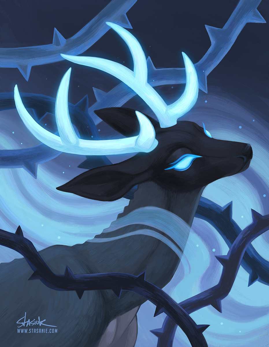 This character is named Marode and she belongs to seasaltshrimp.bsky.social‬
A portrait of a deer with a short grey pelt and a dark face. The deer looks emaciated and the knobs of her spine are visible through her skin. She has light blue eyes with no pupils, and pale antlers that seem to glow. She is surrounded by mist and thick thorny vines. #ArtFight #Stasanie