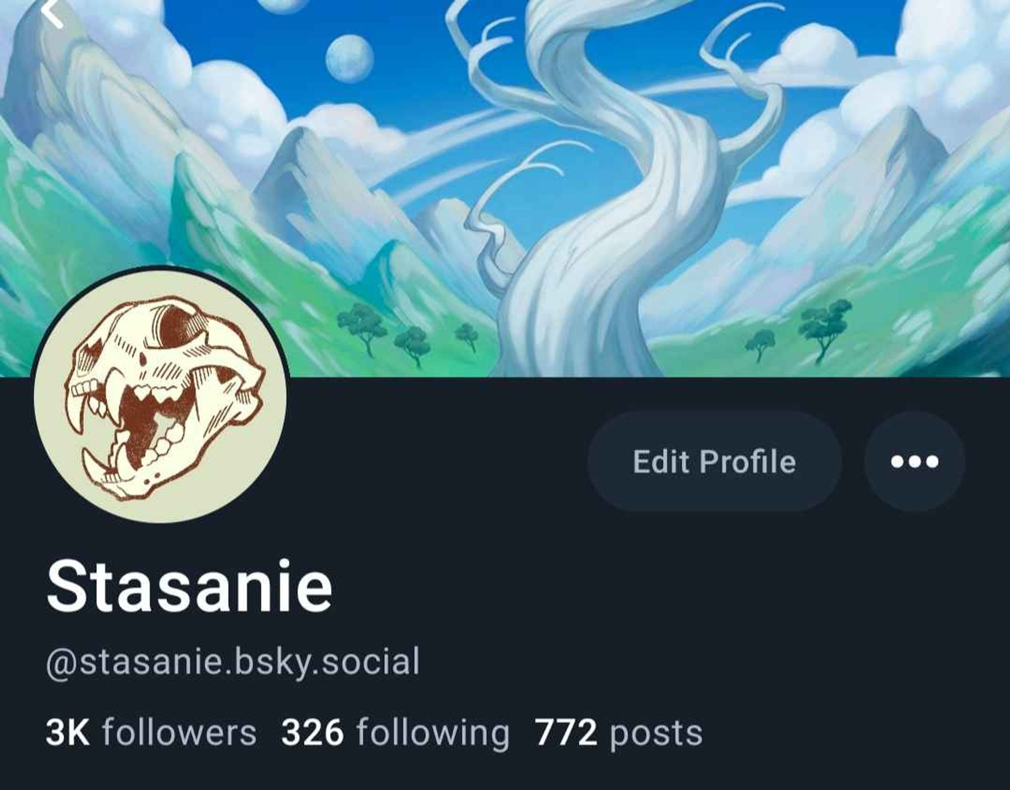 A screenshot of the bluesky account Stasanie showing that this account has reached 3000 followers.