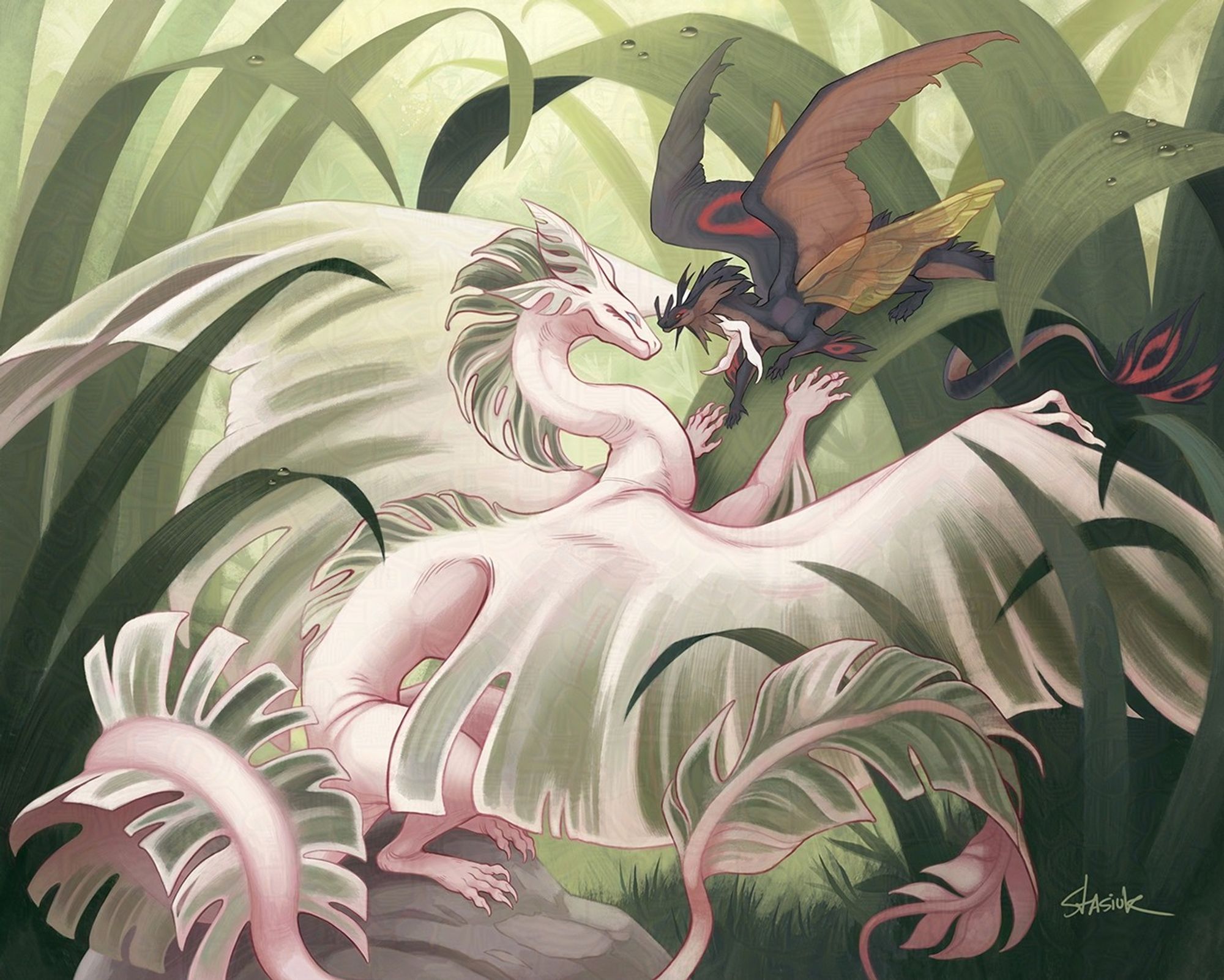 Danny & Ross commissioned this scene depicting a tender moment between their dragon OCs - a white fusion calathea inspired dragon and a beetle inspired dragon. The larger dragon, Queen Belit, gently caresses her lady in waiting, Cricket, putting weight on the leaf to draw her love closer.