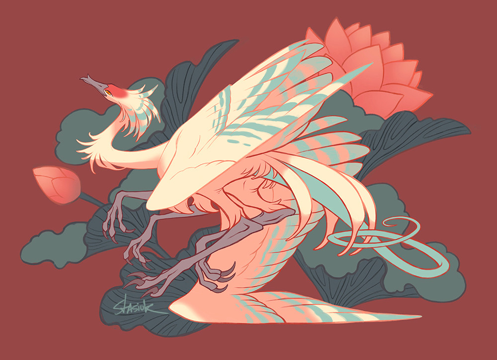 This drawing is a 2023 Art Fight attacks against SpiritSai and their OC Shrike. It features a cream coloured avian character with quadruped grey legs and teal stripes on the wings. The background is a muted maroon with pink water lilies and their voluptuous teal leaves.