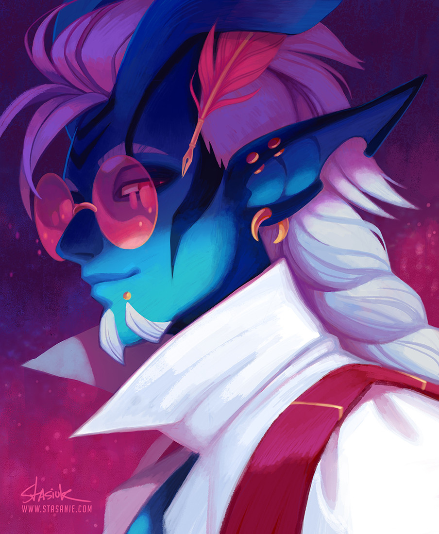 This artwork was created for TJRapper and features the OC Demetrius
Demi is an enoki, a closed species created by Helixel
A portrait of a demon man with blue skin and glasses. The man’s face is partially in shadow, the bottom rim of his glasses just barely catching the light as he looks meaningfully to the side. His white hair is shorn on each side of his temple and the longer locks are swept back and fastening into a thick braid. Tucked into his spiraling horns is a quill with a voluminous fuchsia feather.