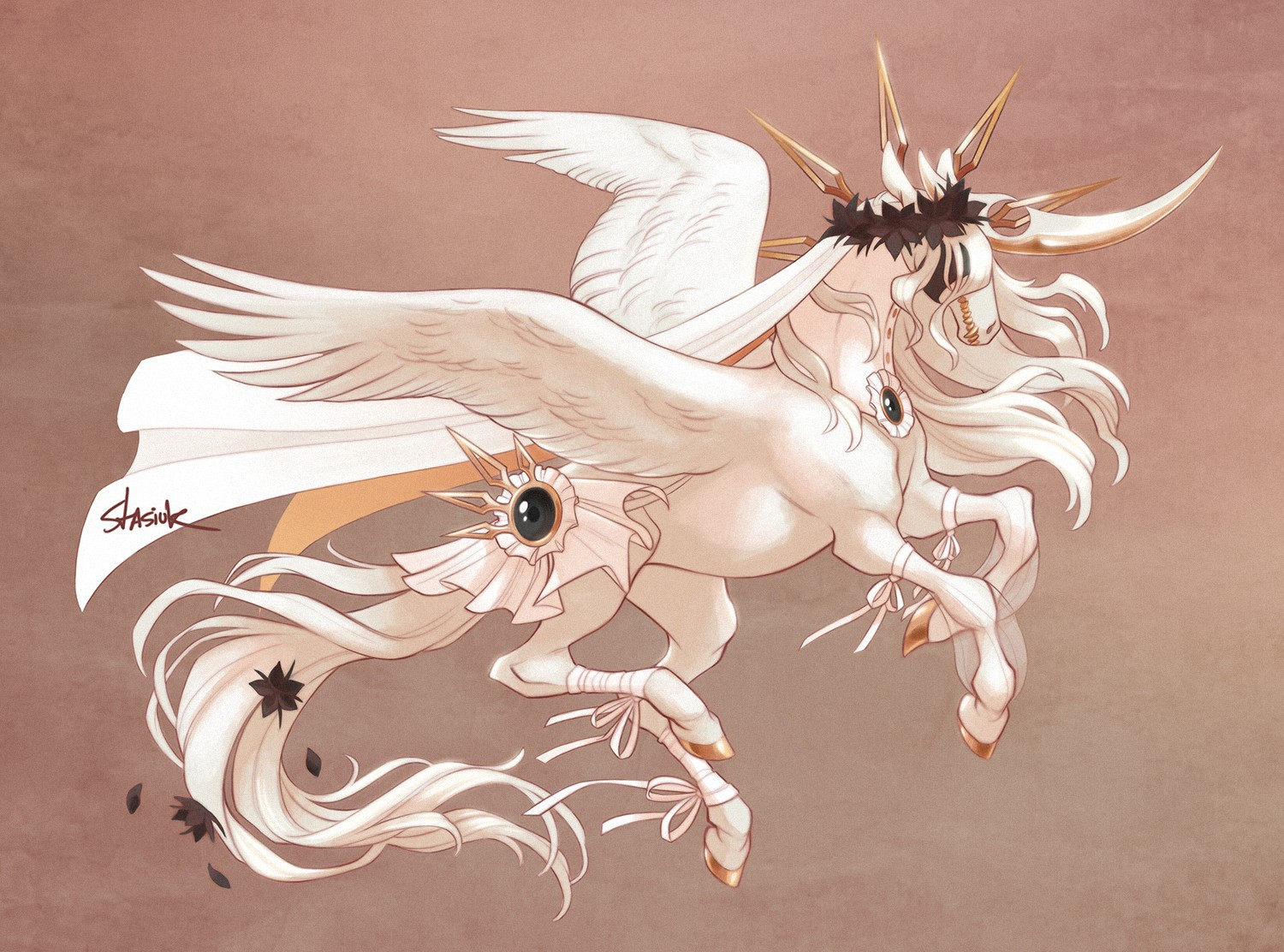 In my Discord server, I offer rewards for people who use their Nitro boost on my server. This was the first of the server booster rewards. I turned Shugo’s OC Deliah into a unicorn. This drawing features a pale horse against a soft brown background. The horse has wings and the blade of a scythe for a horn. Instead of an enclosed mouth, the horses face is lined with sharp golden teeth visible on the outside like a crocodile. The horse is wearing a black blindfold and a white veil with an underside of gold. Black flowers adorn her veil and the flowing hair of her tail. #Stasanie