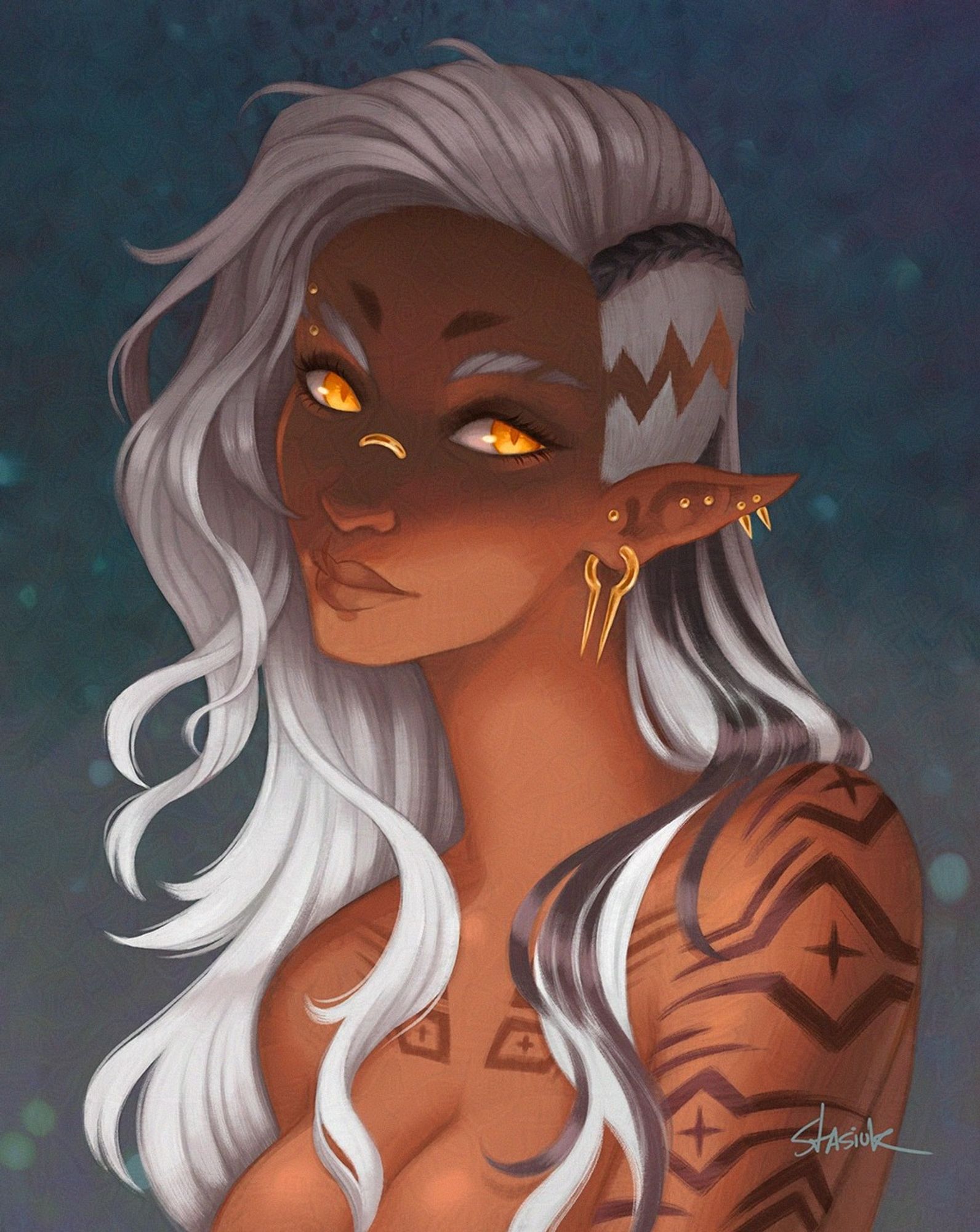 A portrait of Onyx the enoki, an OC that belongs to Helixel. The portrait is of a beautiful woman with silver hair and yellow eyes. She has many gold piercings and a sleeve of black tattoos in an angular eye pattern. The lighting of the piece cast her face partially in shadow, making her eyes appear to glow.