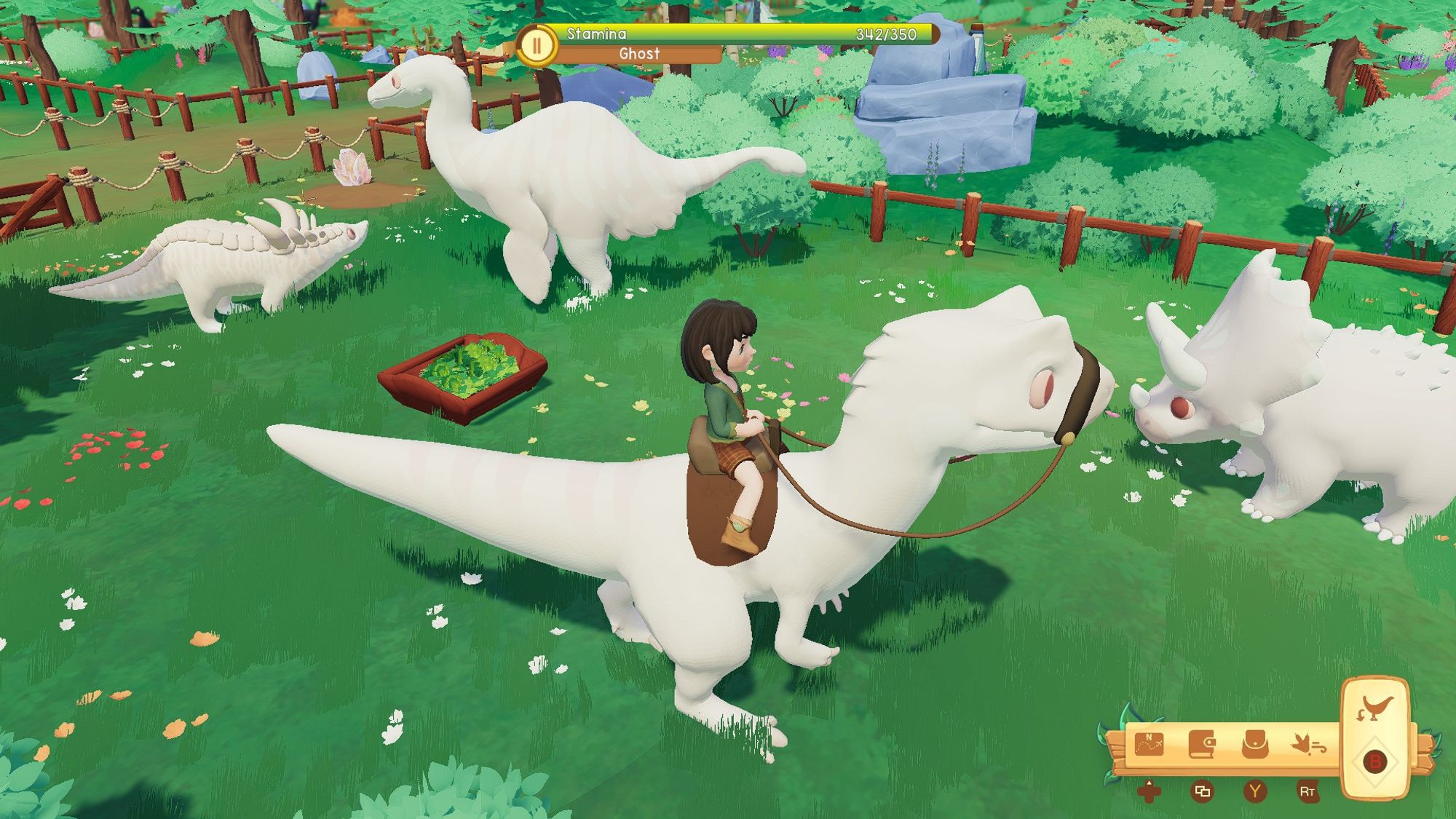 A screenshot of the video game Paleo Pines - a dinosaur themed farming simulator. The screenshot shows the player riding an albino allosaurus and standing in the pen of three other albino dinosaurs: desmatosuchus, deinocheirus, and triceratops. The pen is a lush grassy terrain surrounded by bushes and framed in wooden fencing.