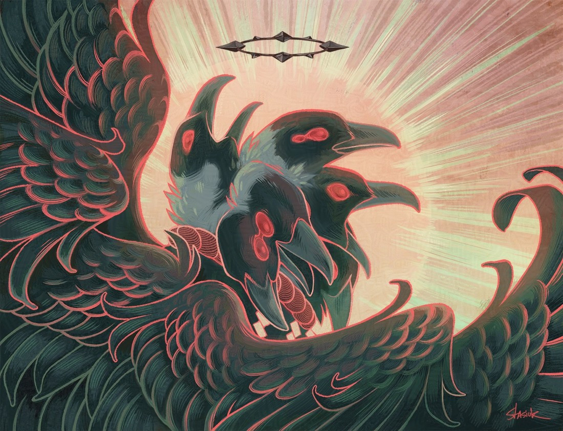 This illustration features an OC that belongs to Helixel. A multi-headed magpie demon with an unsettling aura. A spiked iron halo hovers above it's many raucous heads.