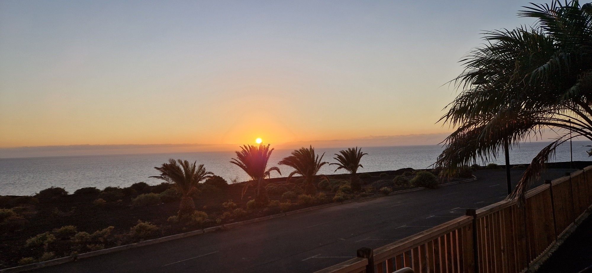 The sun sets over the Atlantic Ocean above a row of Palm trees on the South Western edge of the volcanic island of La Palma.