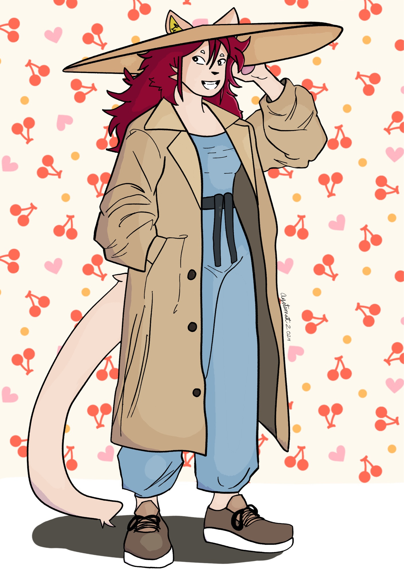 A drawing of a female anthro cat with red hair wearing a trench coat, with her left hand in her pocket and her right hand on her straw hat