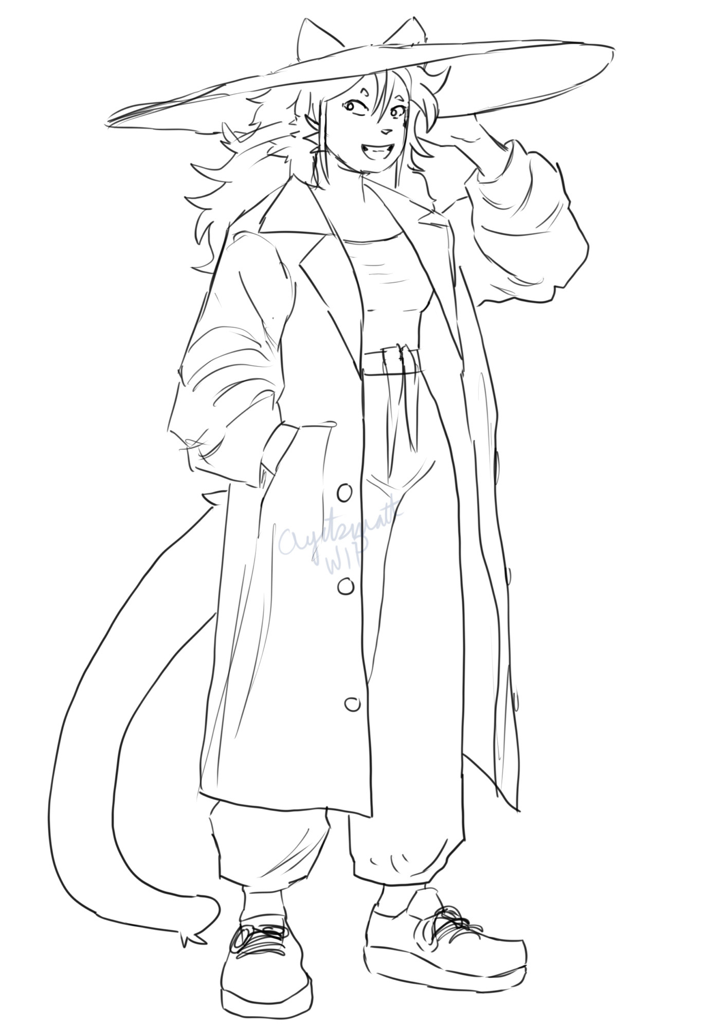 A female anthro cat wearing a trench coat, with their left hand on their straw hat