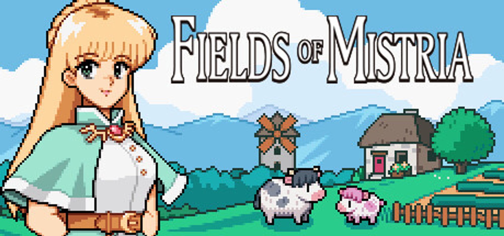 fields of mistria key art: pixel art style of a field with 2 cows and farm house with fields, a blonde woman in a green cloak is standing in the foreground