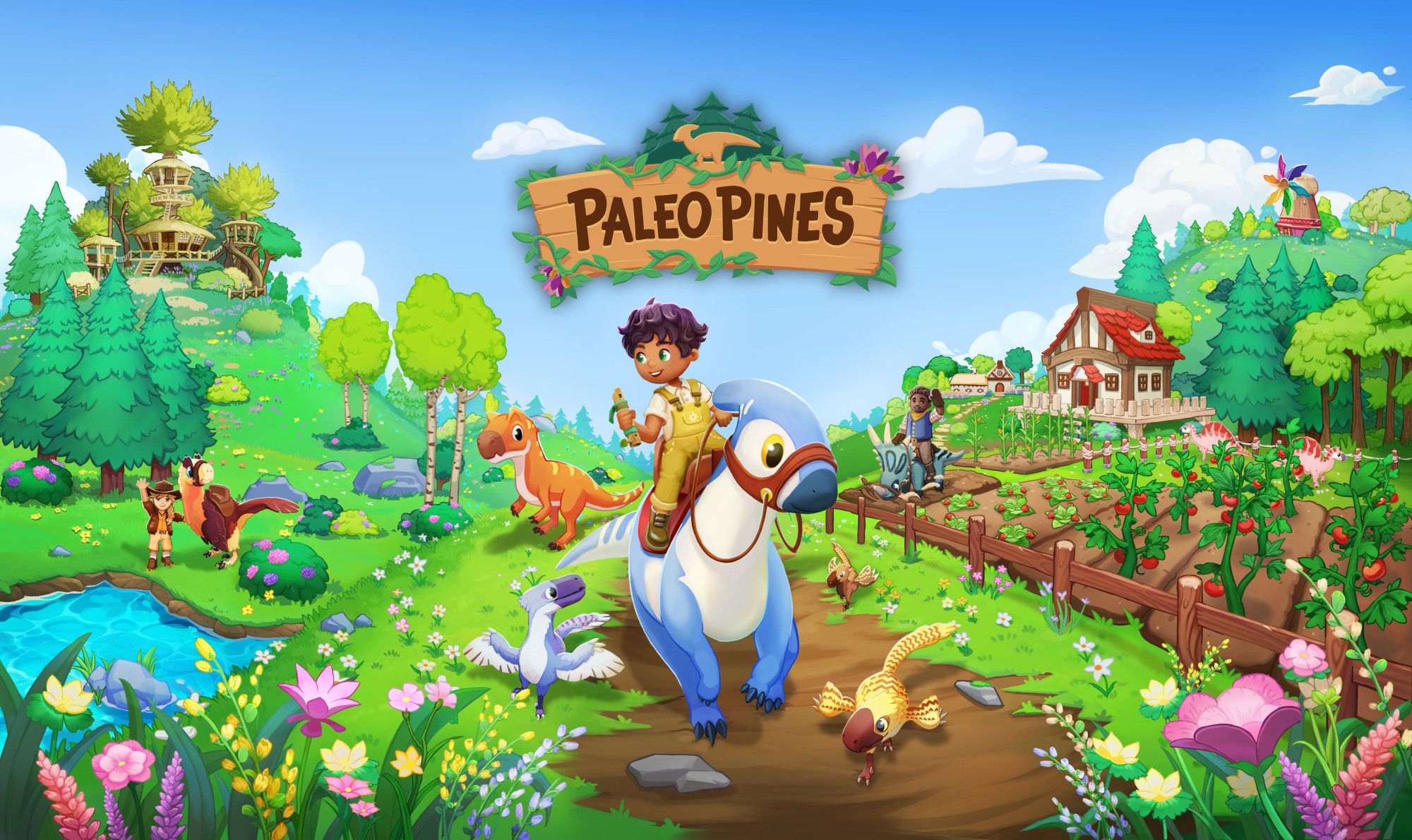 Paleo Pines Key Art: a path through green grass. A character riding on a blue and white parasaurolophus holding a flute,surrounded by 4 other dinos. A farm is in the background and another character is riding a styracosaurus, ploughing the field.