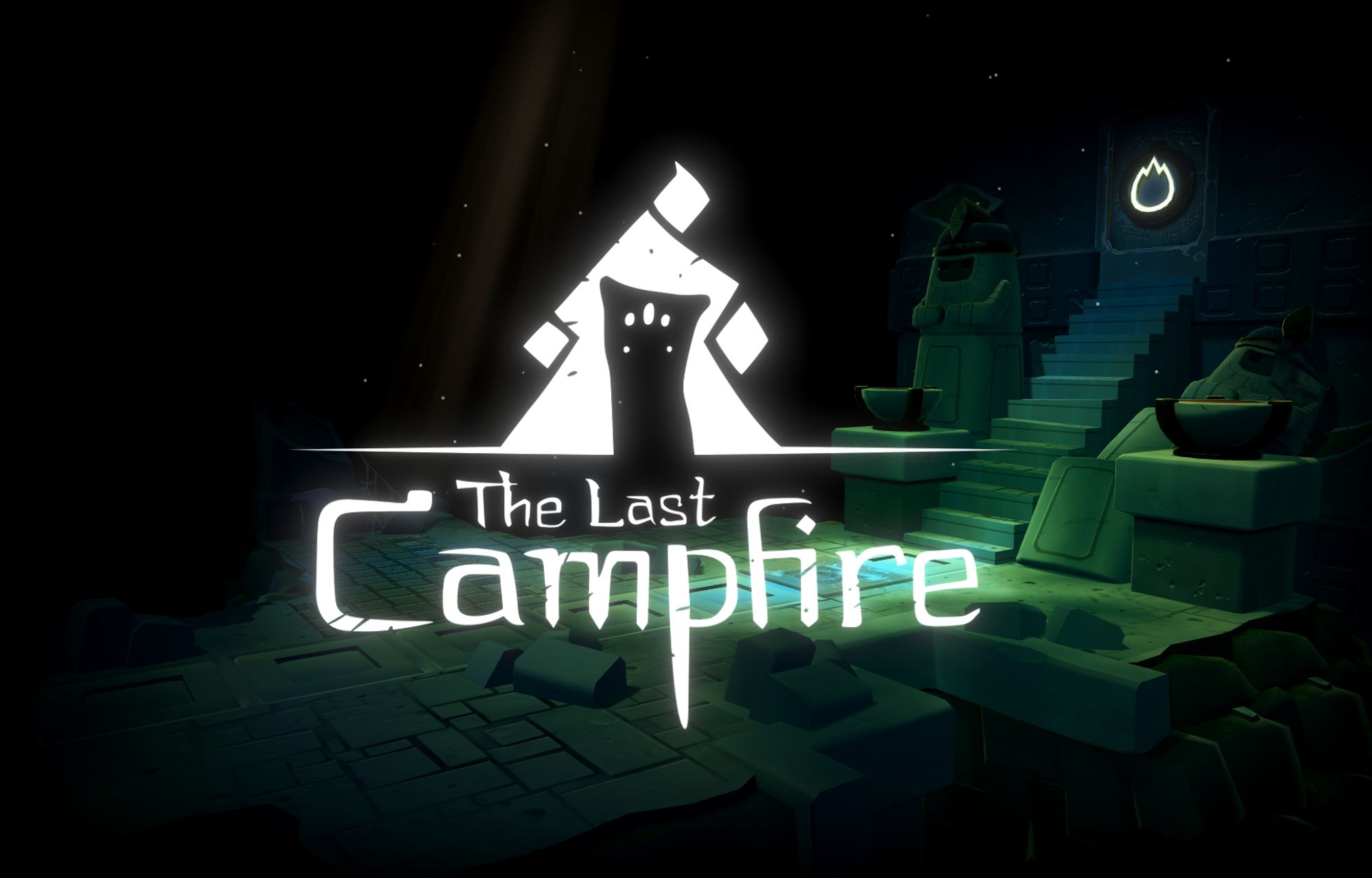 The Last Campfire start screen - game name in big white letters, the background is dark and there is a greenish stone building and steps leading up. looks like a temple.