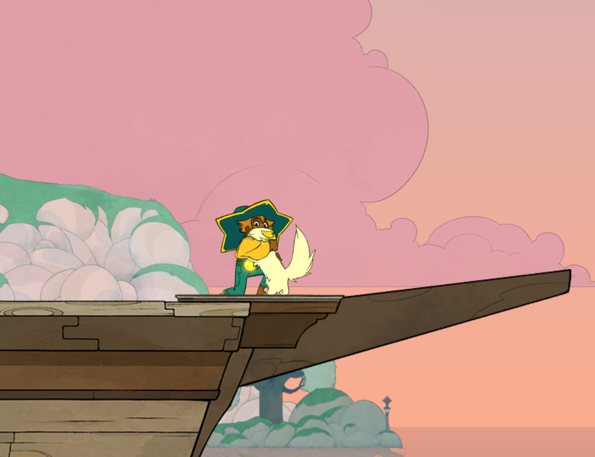 a girl in a big star shaped hat and a cat hugging on the prow of a ship. There is a cliff in the background, the sky is orange and pink!