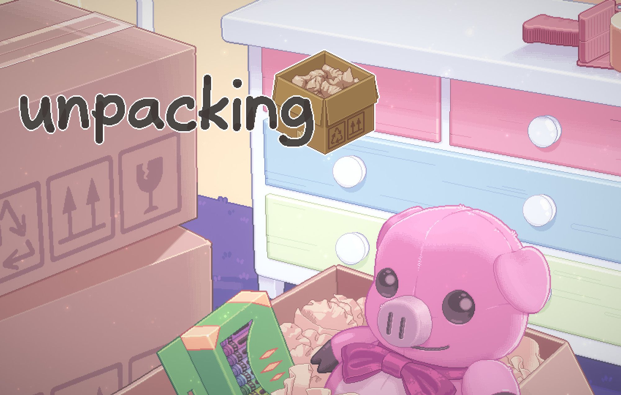 a stack of moving boxes in front of a colorful cabinet. one box is open and has a pig plushie and crayons in it! 
The title says Unpacking