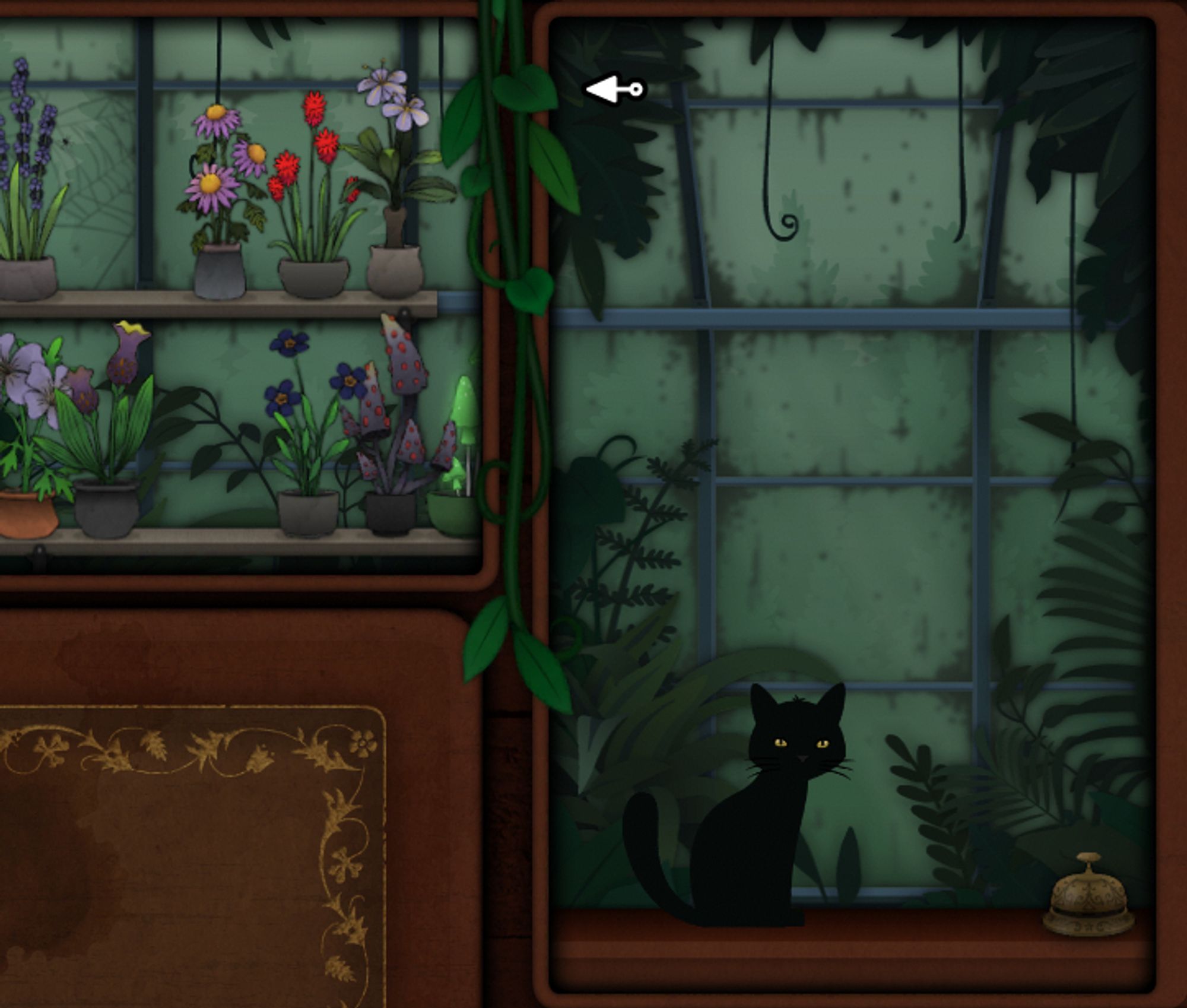 a black cat sits on a counter next to a gold call bell. The background shows a grimy window like from a greenhouse with lots of greenery around it. There are several colourful plants in the left corner.