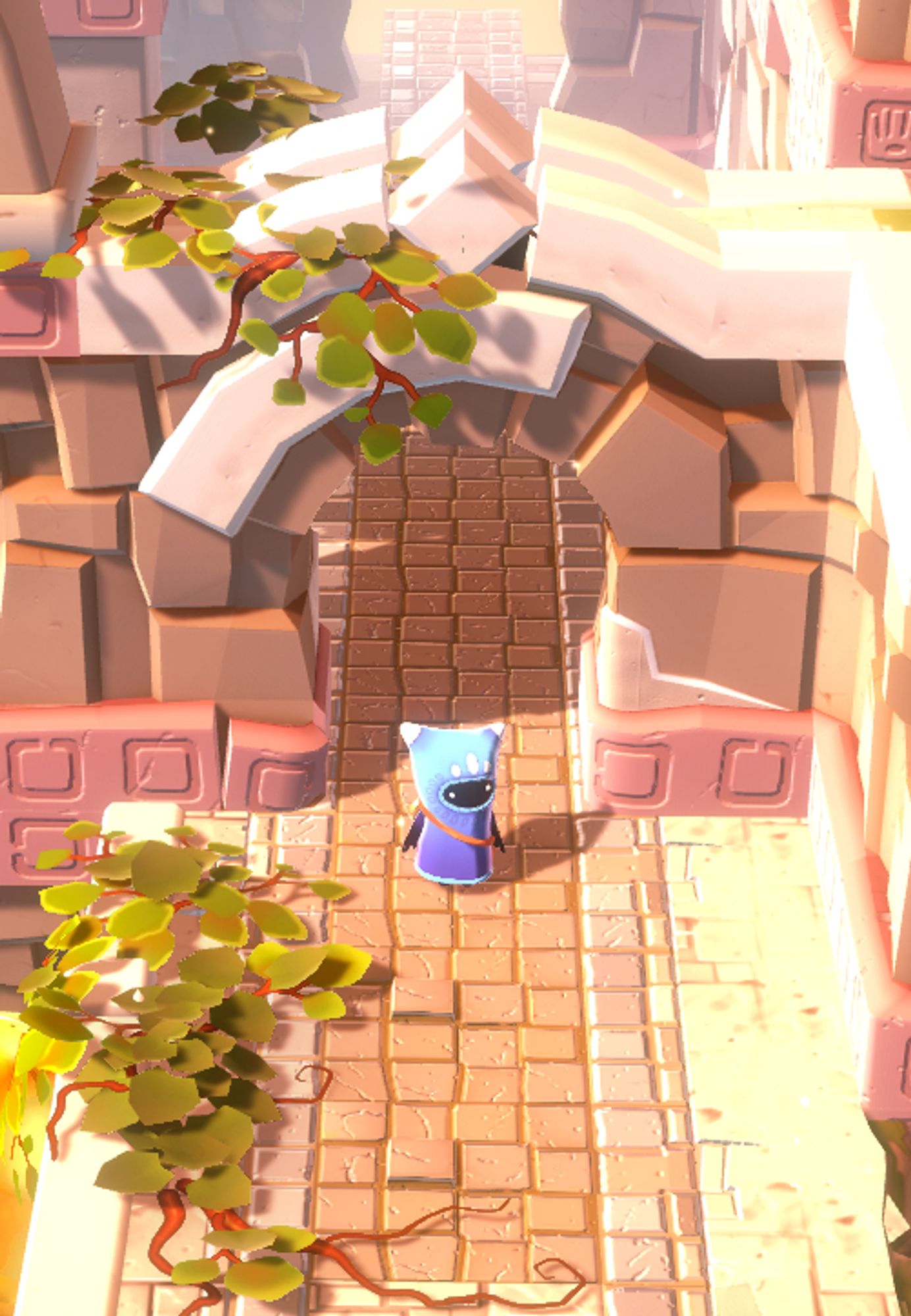 Screenshot from the last campfire. A little ember in a blue pillowcase on a stone paved road under a stone gate.