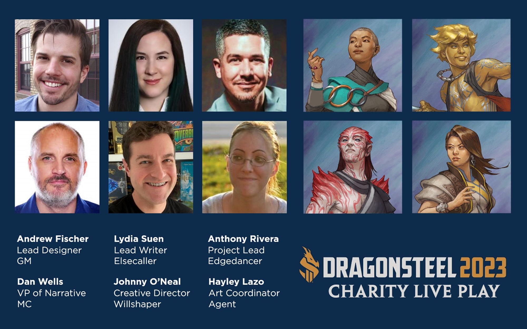 RPG team members (stated in the post) plus Dan Wells (Dragonsteel VP of Narrativr and the event’s MC), Johnny O’Neal (RPG Creative Director), and Hayley Lazo (Dragonsteel Art Coordinator). The image also includes previews of the characters that Lydia, Anthony, and Johnny will play (an Alethi ardent, an Iriali man, a malen nimbleform singer, and a Herdazian agent).