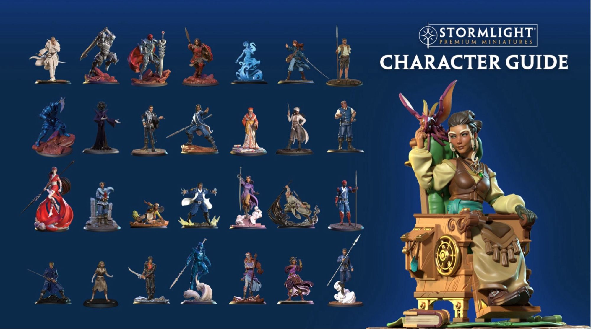 Title: Stormlight Premium Miniatures Collector Guide. Image: 3D character models for Rysn (a Thaylen woman in a freechair) and 28 other Stormlight characters