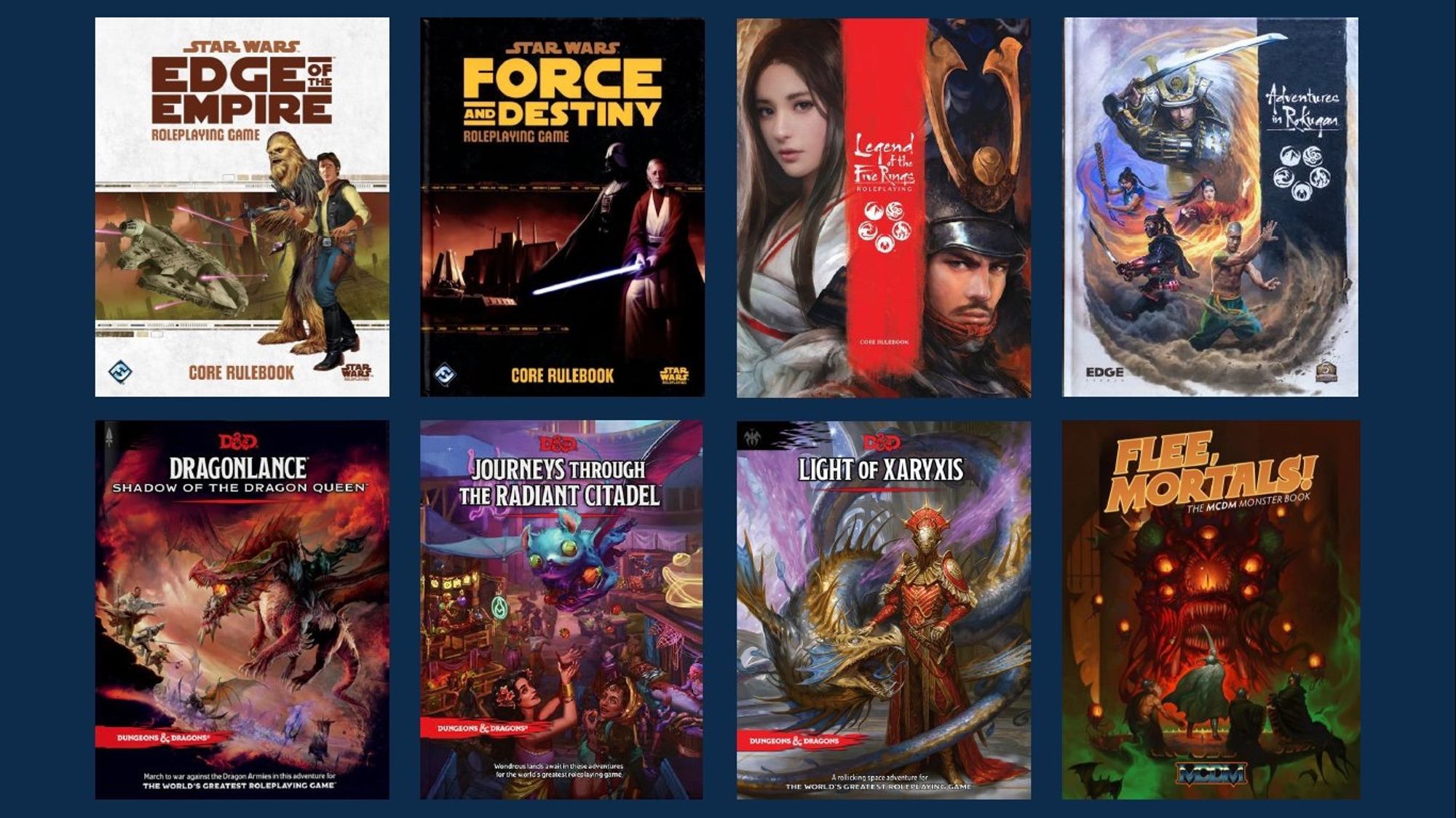 Our design team brings together designers for systems like Star Wars, L5R, Adventures in Rokugan, D&D, and the 5e third-party community