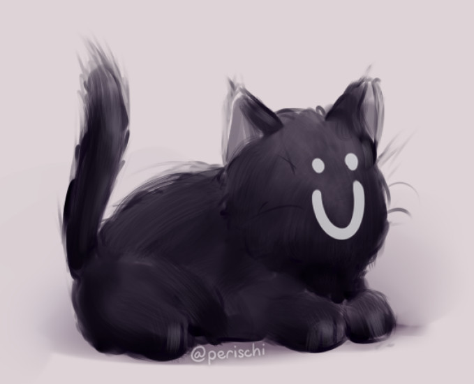 Digital artwork drawing of small black cat/kitten sitting or lying down with its face replaced by a white Ü character, intended to resemble a smiley face