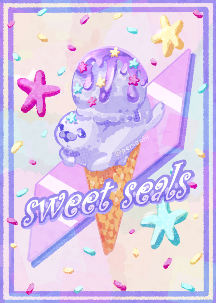 Digital artwork illustration of a seal within an ice cream cone, with a decorated background of shapes and sprinkles, text reading "sweet seals" on top