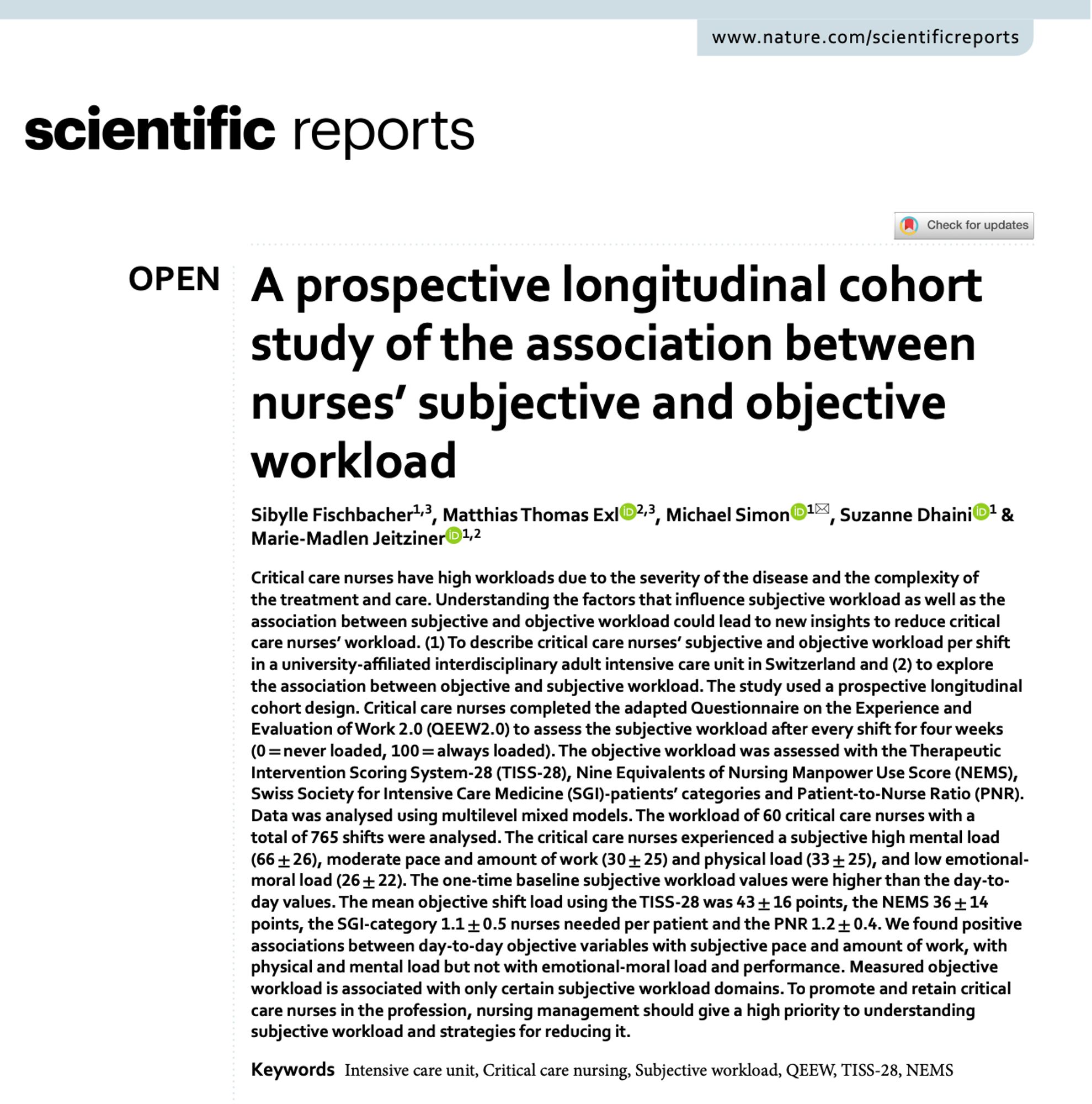 Screenshot of the paper: Fischbacher, S., Exl, M.T., Simon, M. et al. A prospective longitudinal cohort study of the association between nurses’ subjective and objective workload. Sci Rep 14, 22694 (2024). https://doi.org/10.1038/s41598-024-73637-9