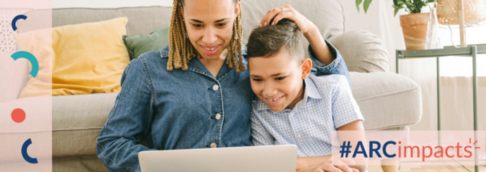 Picture of a parent and child looking at a laptop together and #ARCimpacts logo