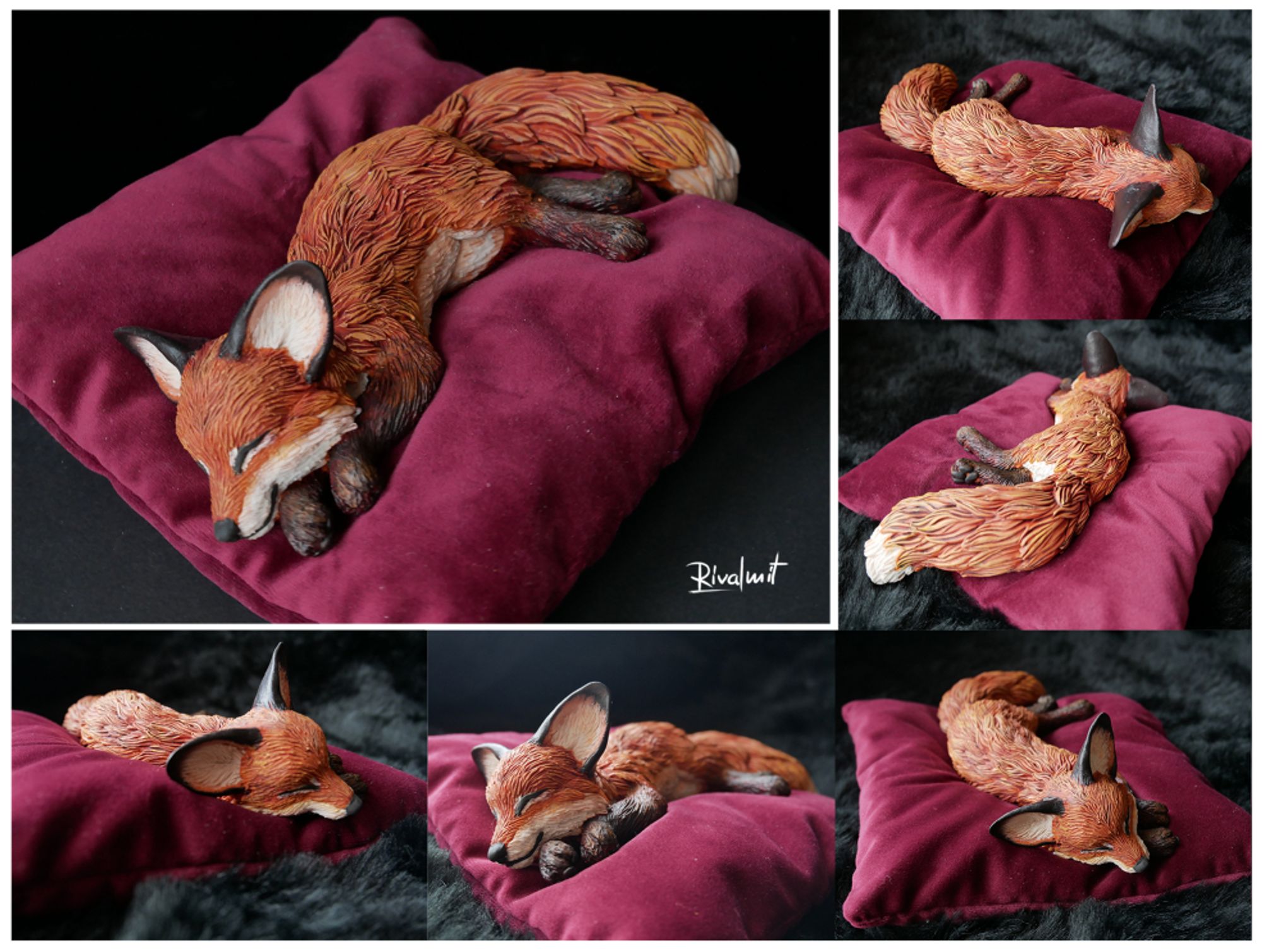 A baby fox sleeping on a red pillow 