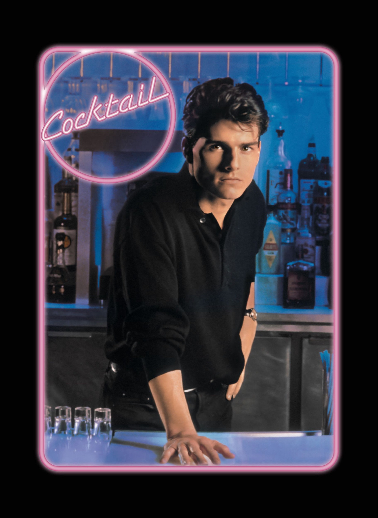 Affiche du film Cocktail 
On y voit Tom Cruise devant un bar - on présume qu’il est barman. Il est de face et a la main droit posée à plat sur le bar 

Le visuel a des codes graphiques très années 80