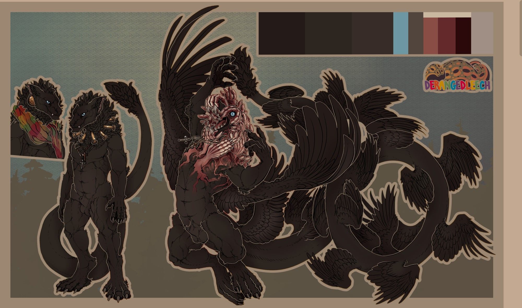 A reference sheet showing an anthro character who is brown with bronze nails in his neck, shown also covered by a scarf in an alt headshot, is next to an enormous version of himself with skinless hands covering his head, and 13 sets of wings