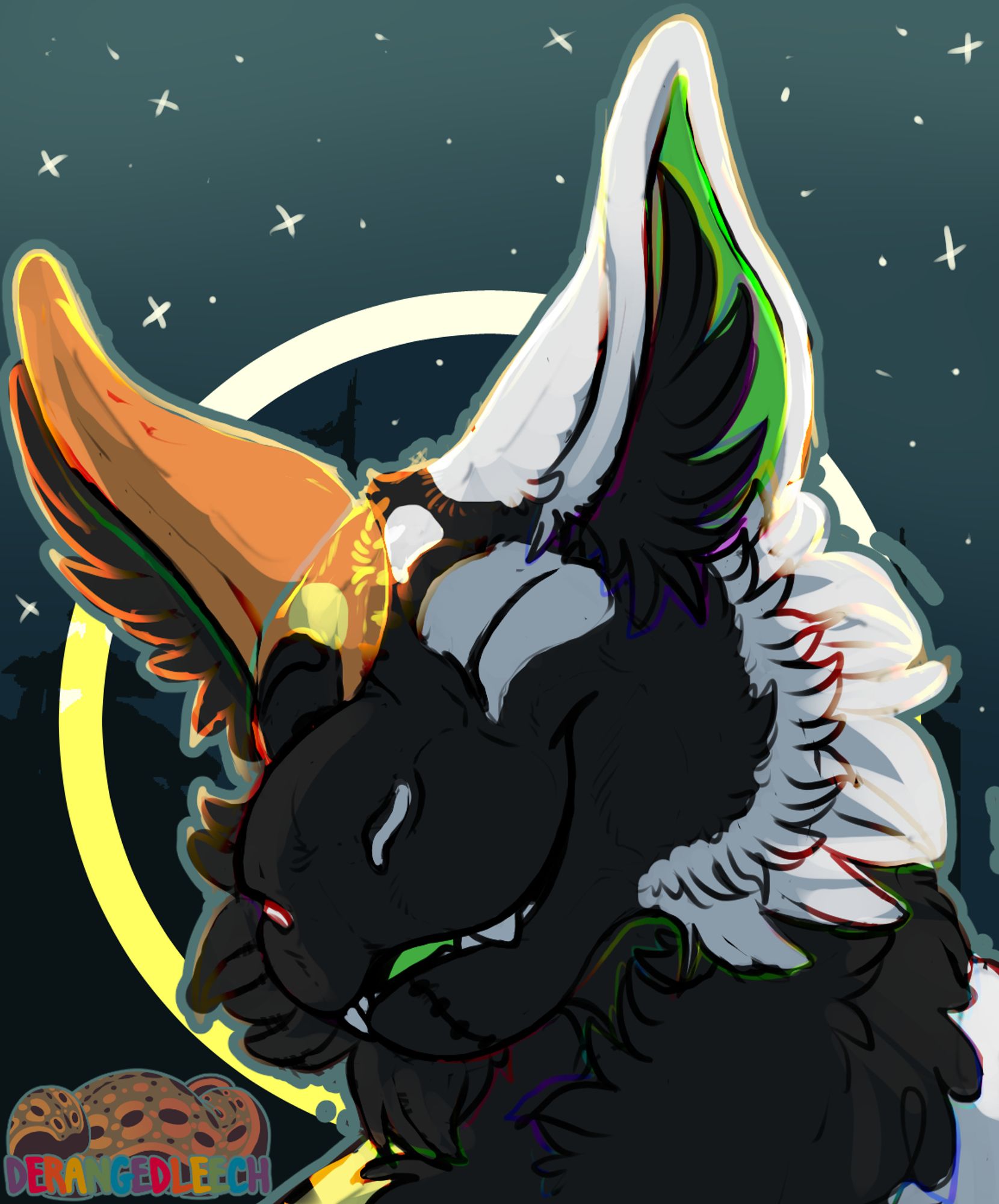 A dutch angel dragon with half orange half white markings, mostly covered by black, smiles with eyes closed in front of a night sky with a stylized halo