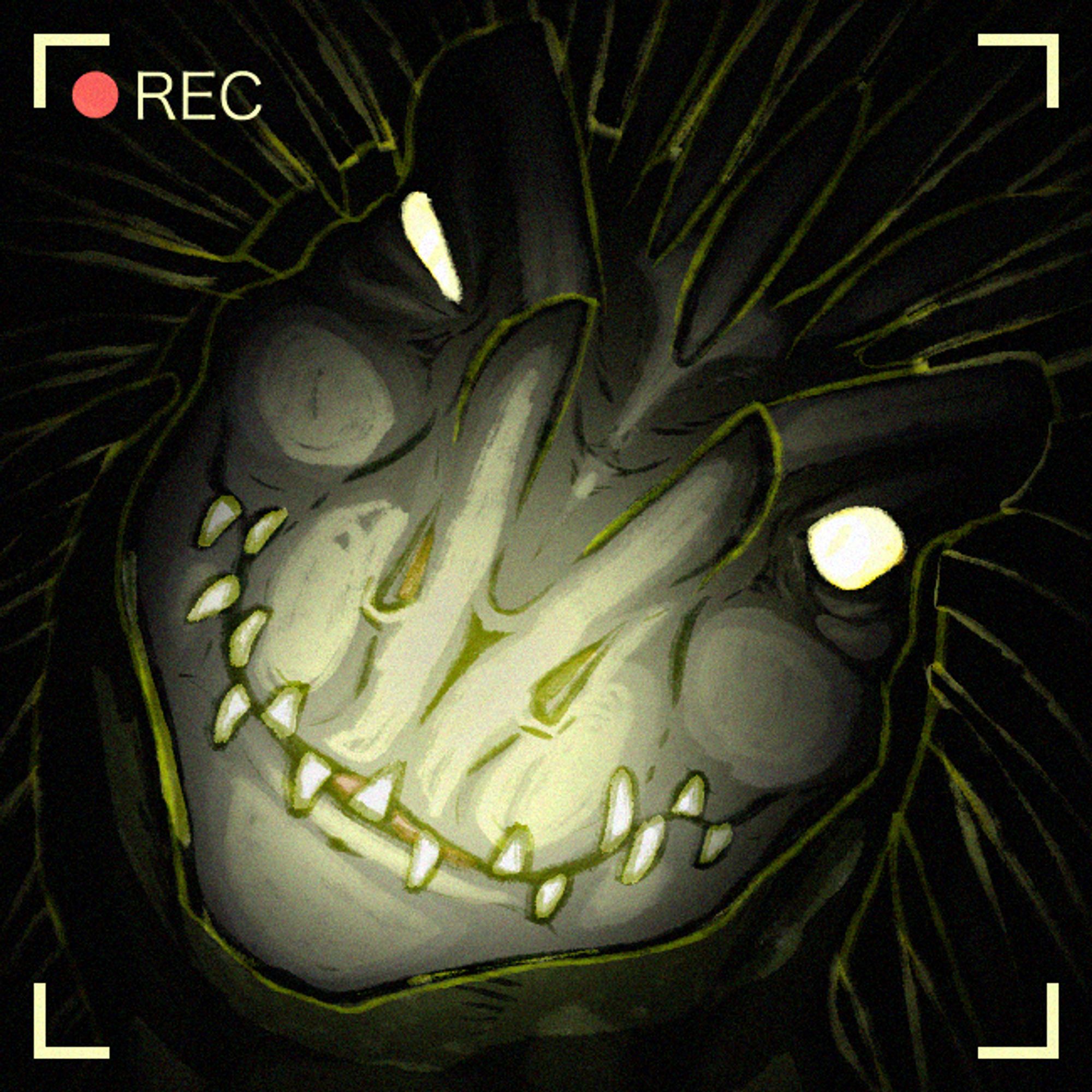 a simple drawn cartoon trailcam icon of a dinosaur creature squinting one eye as it stares directly into the camera