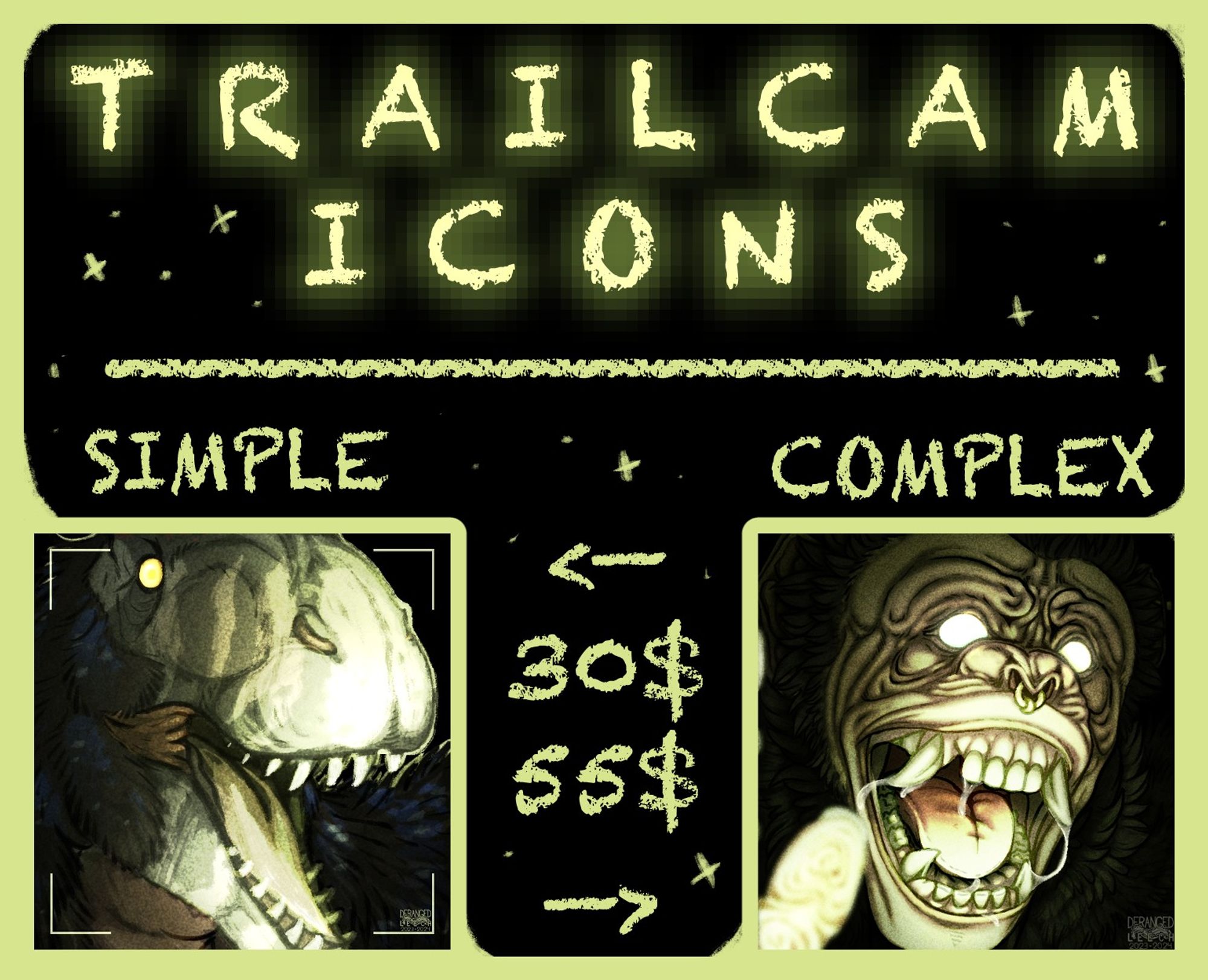 An advertisement showing trailcam looking icons for sale for 30$ for a simple one, and 55$ for a complex one, which is a discount from usual pricing